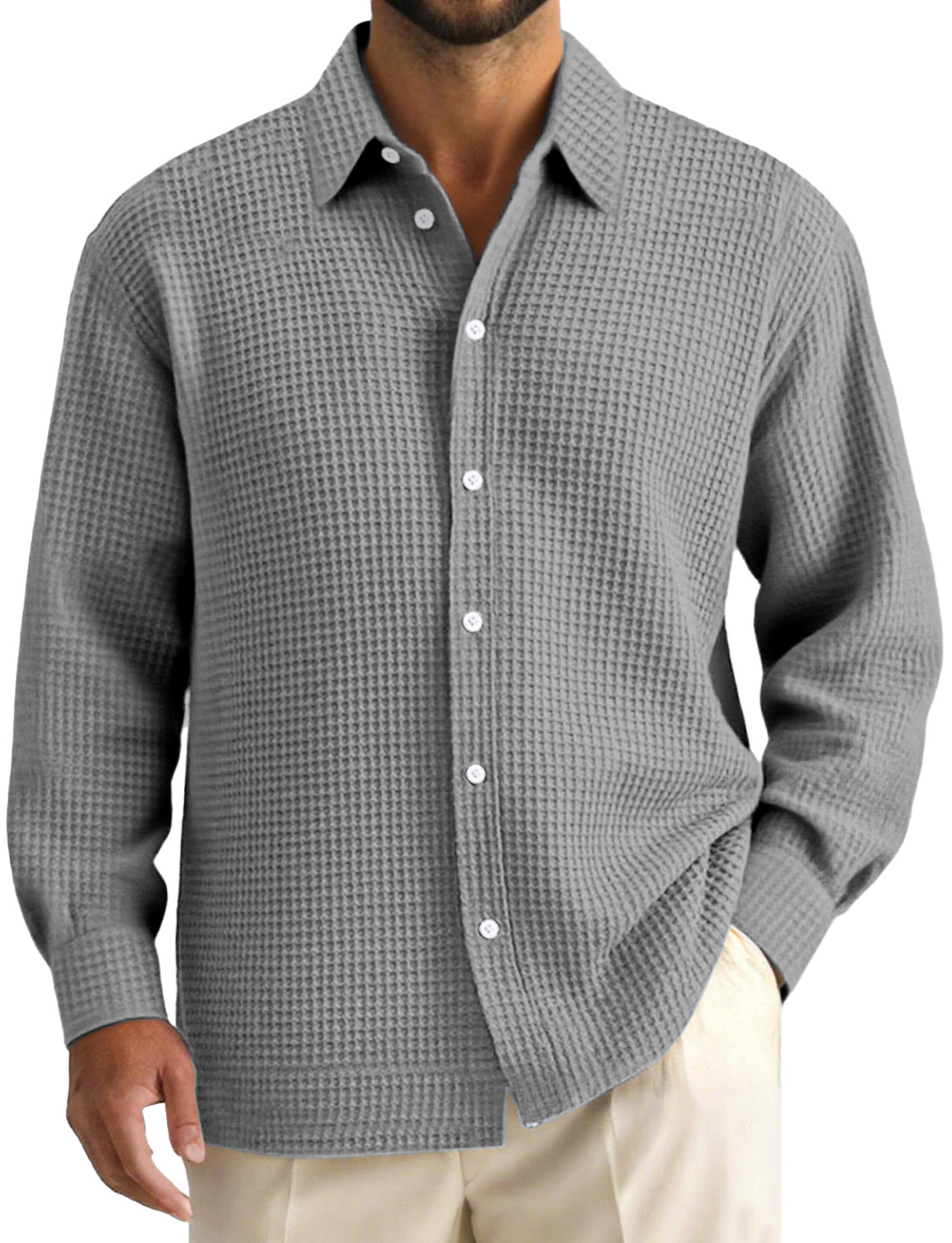 Men's Daily Casual Waffle Texture Solid Color Lapel Long-sleeved Shirt