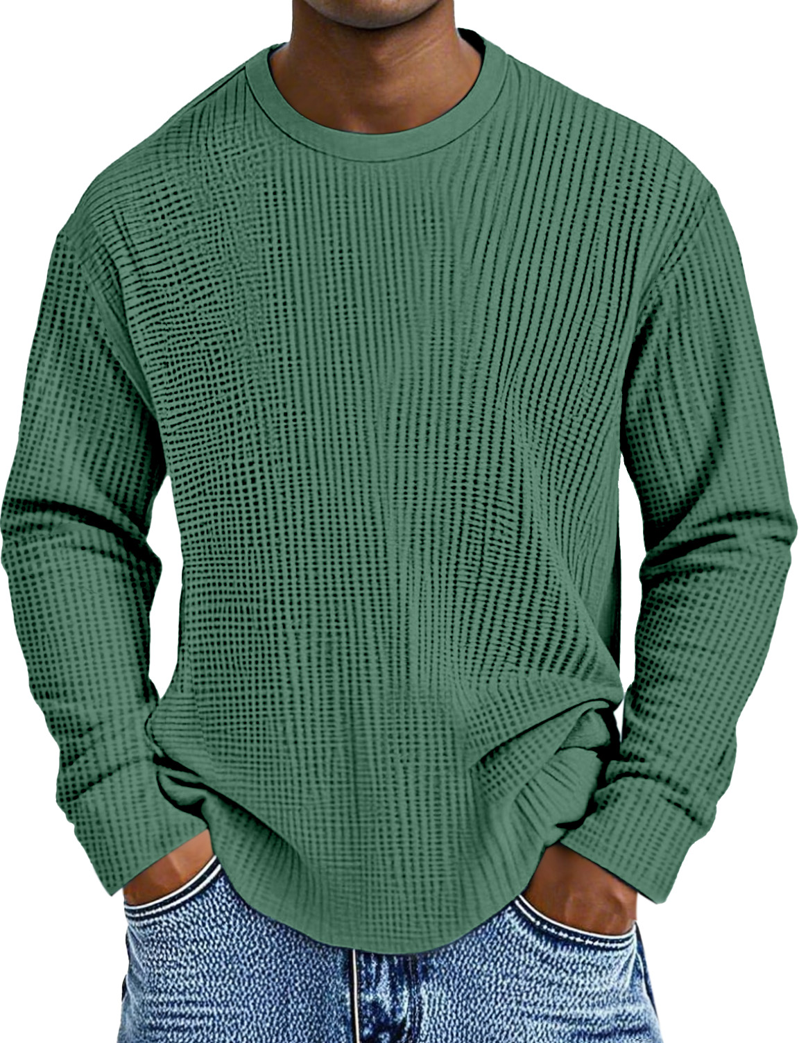 Men's Simple Daily Solid Color Waffle Round Neck Long Sleeve T-shirt