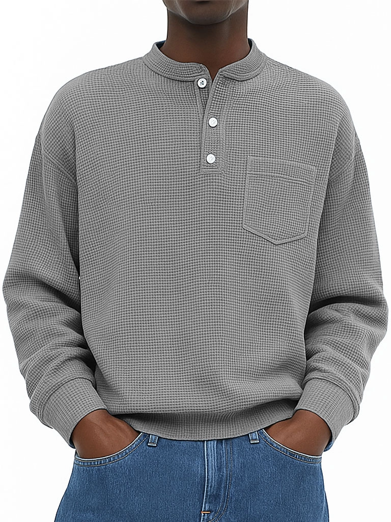 Men's Wear Fashionable Casual Waffle Fabric Pockets Long-sleeved Henry Shirt