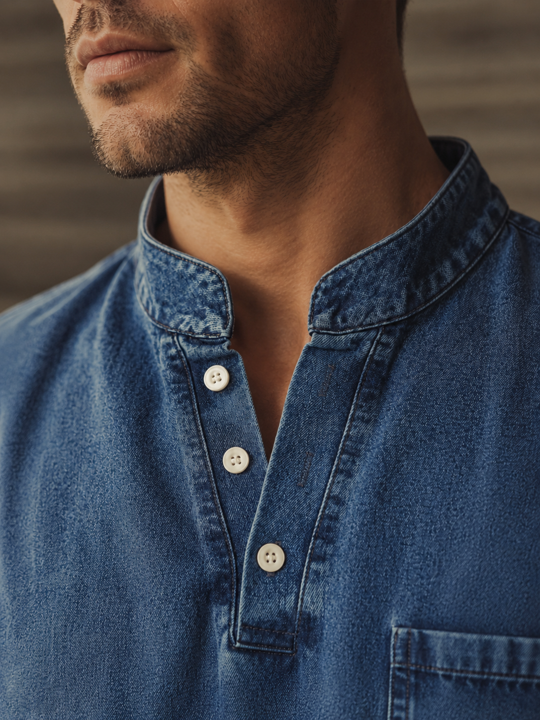 Men's Retro Stand Collar Pocket Casual Distressed Long Sleeve Henley Shirt