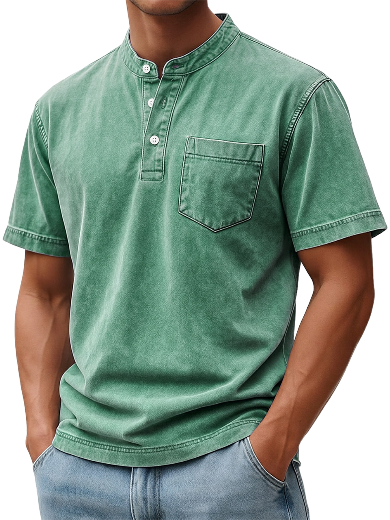 Men's Retro Casual Stand Collar Button-Down Short Sleeve Henley Shirt