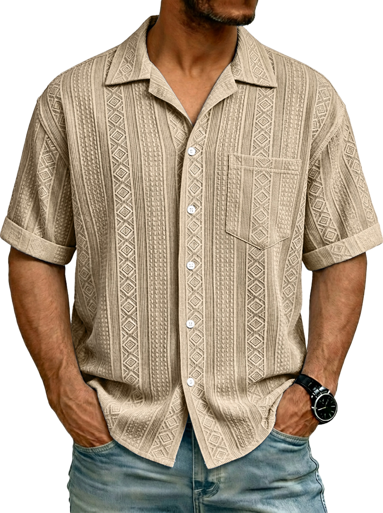 Men's Simple Textured Pocket Casual Short-Sleeve Shirt