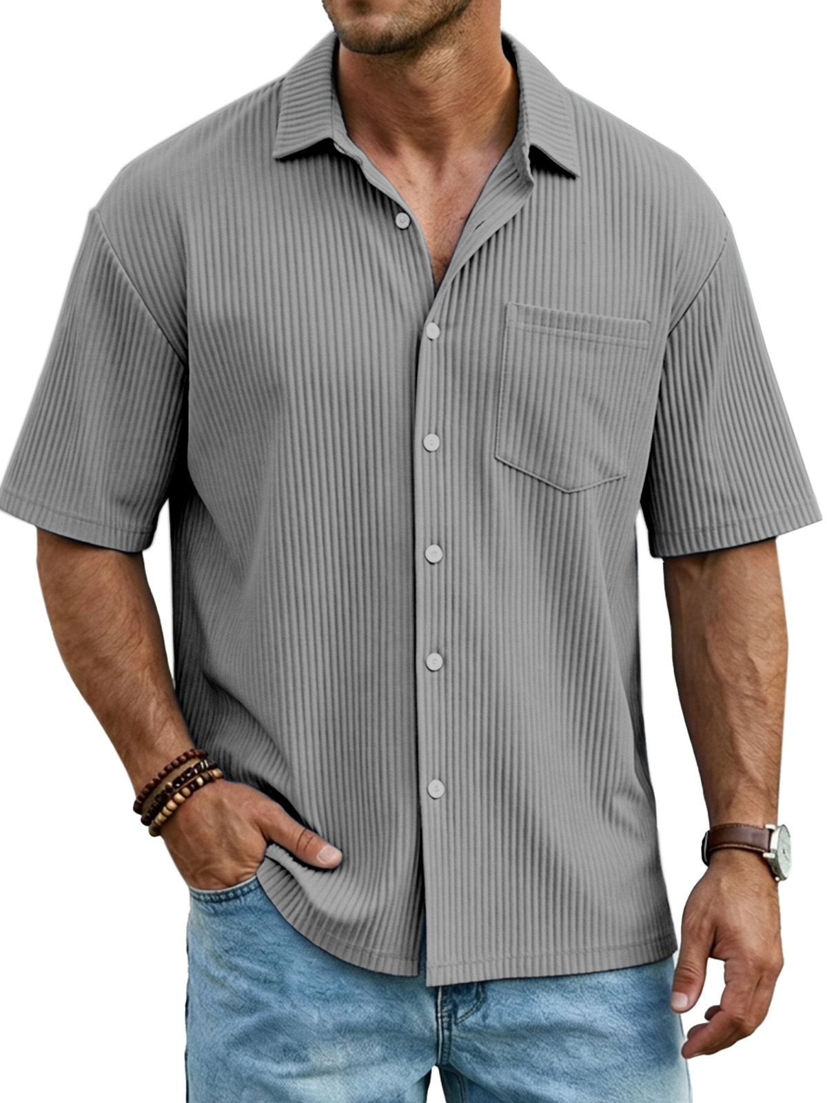 Men's Simple Solid Color Vertical Pit Short-sleeved Shirt With Chest Pocket