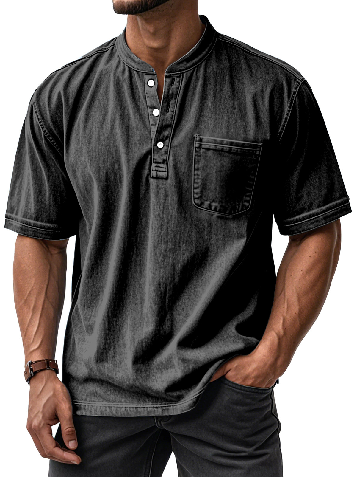Men's Casual Solid Color Vintage Loose Pocket Short Sleeve Button-down Henley Shirt