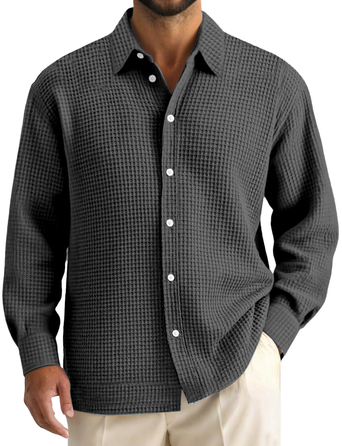 Men's Daily Casual Waffle Texture Solid Color Lapel Long-sleeved Shirt