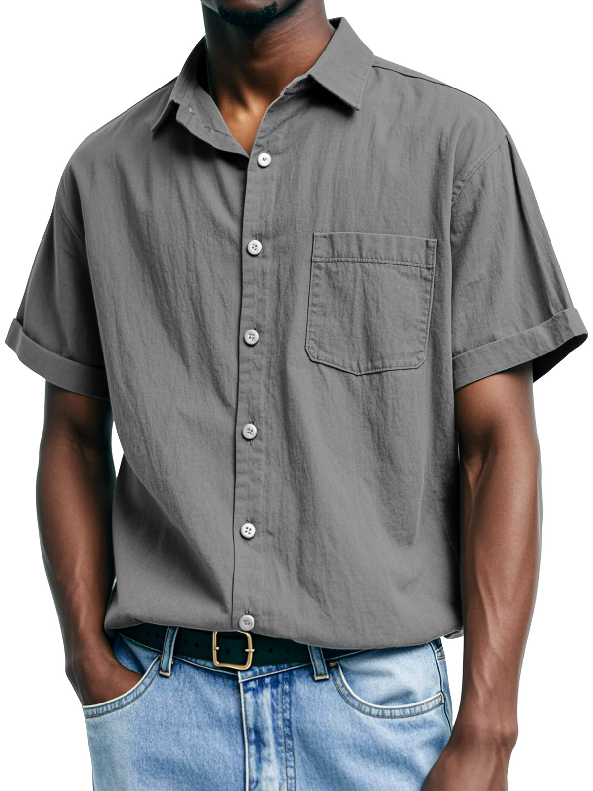 Men's Casual And Comfortable Solid Color Lapel Short-sleeved Shirt