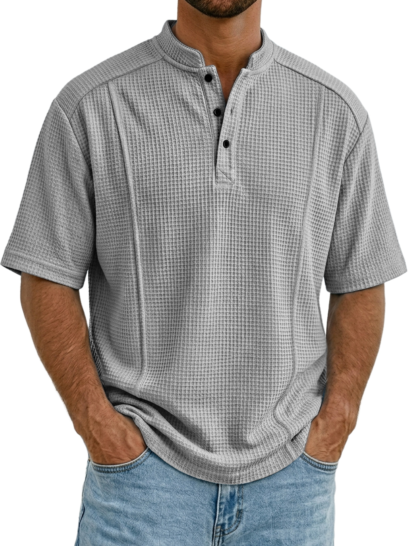Men's Waffle Collar Button Deconstructed Casual Short-Sleeve Henley Shirt
