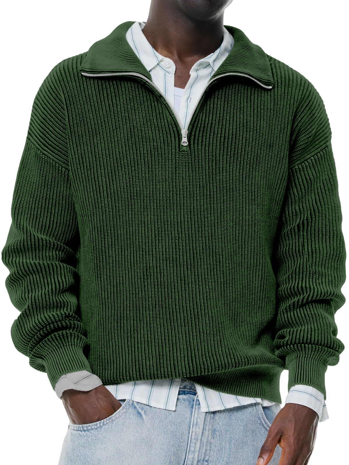 Men's Daily Casual Solid Color Knitted Stand Collar Zipper Pullover Sweater