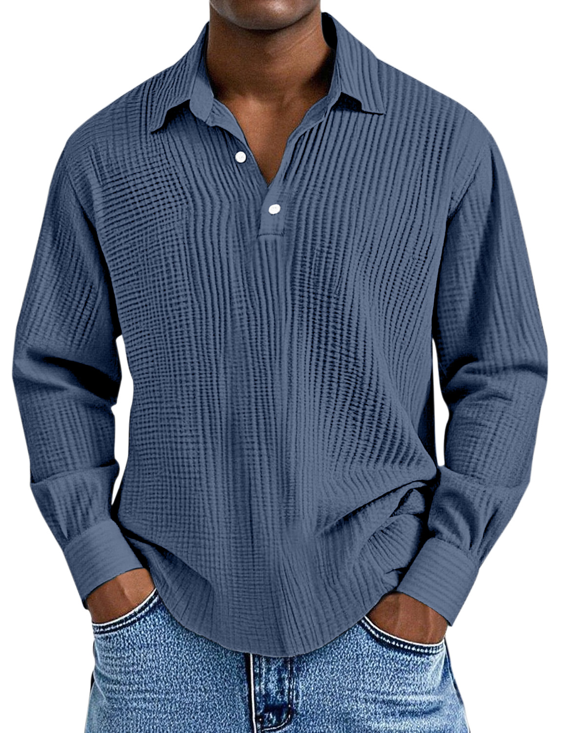 Men's Simple Solid Color Pleated Texture Long-sleeved Lapel Polo Shirt