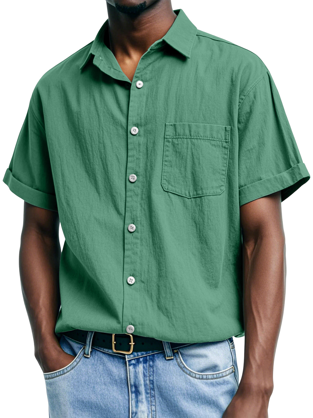 Men's Casual And Comfortable Solid Color Lapel Short-sleeved Shirt