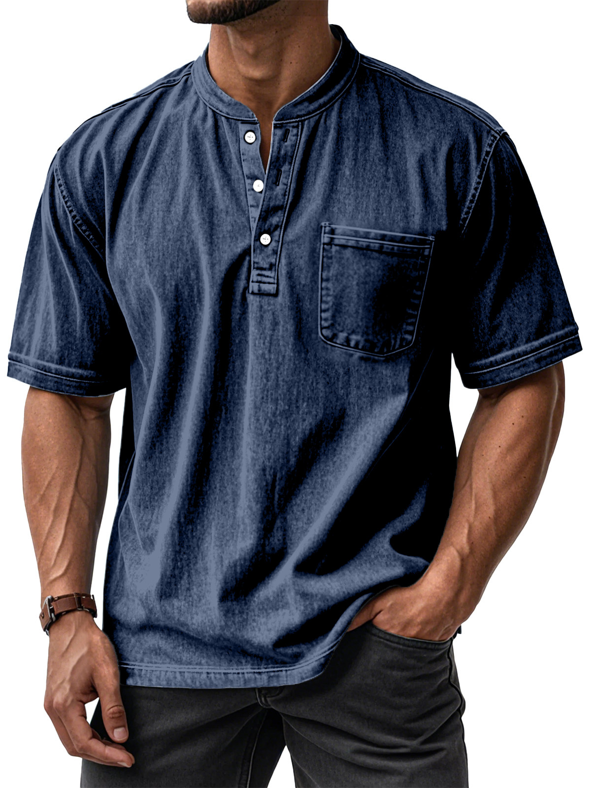 Men's Casual Solid Color Vintage Loose Pocket Short Sleeve Button-down Henley Shirt