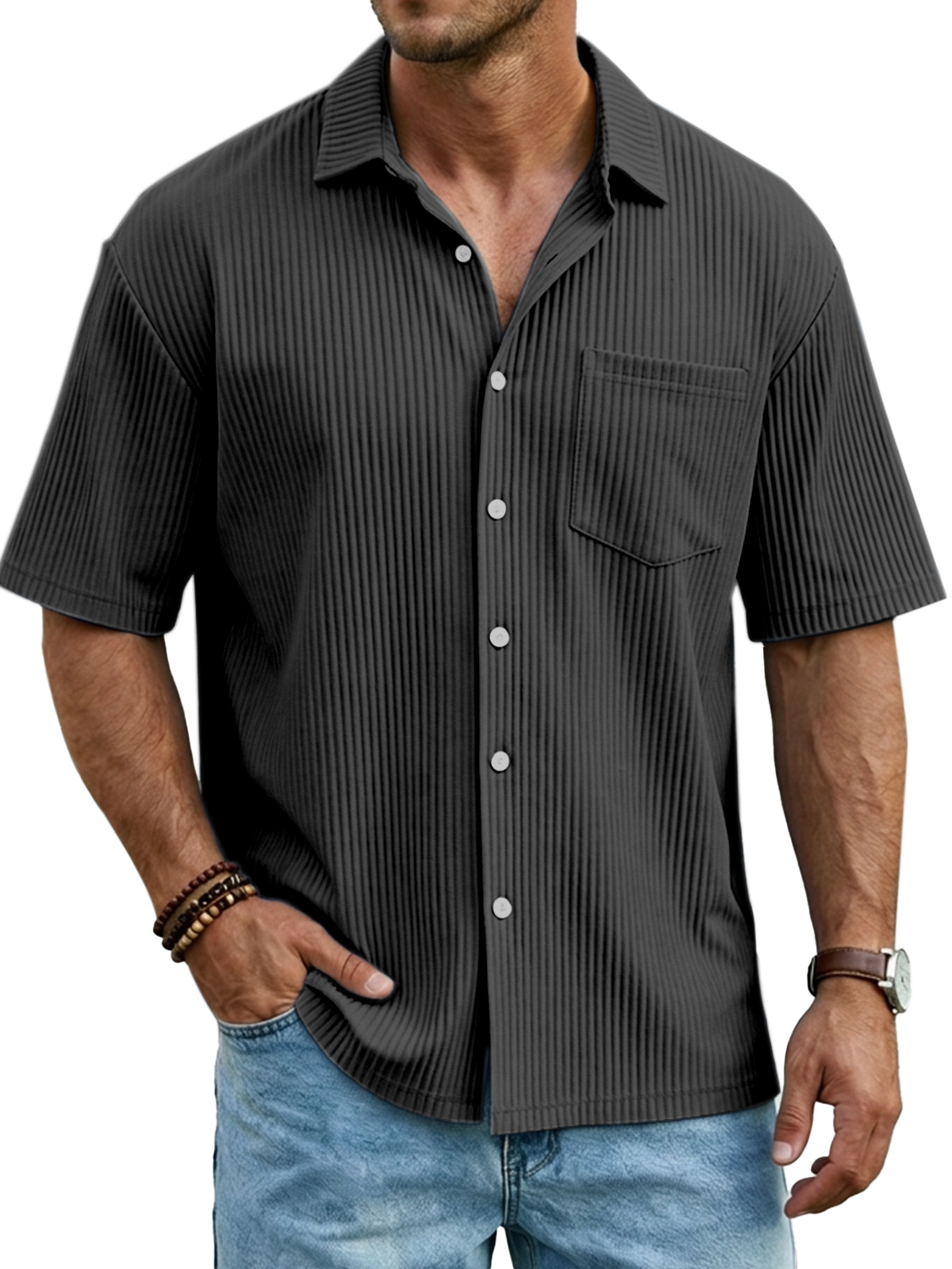 Men's Simple Solid Color Vertical Pit Short-sleeved Shirt With Chest Pocket
