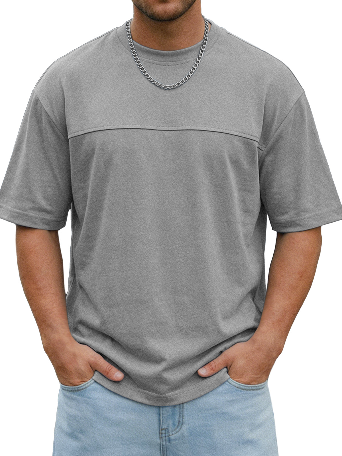 Men's Simple Everyday Solid Color Deconstructed Design Short-sleeved Round Neck Shirt
