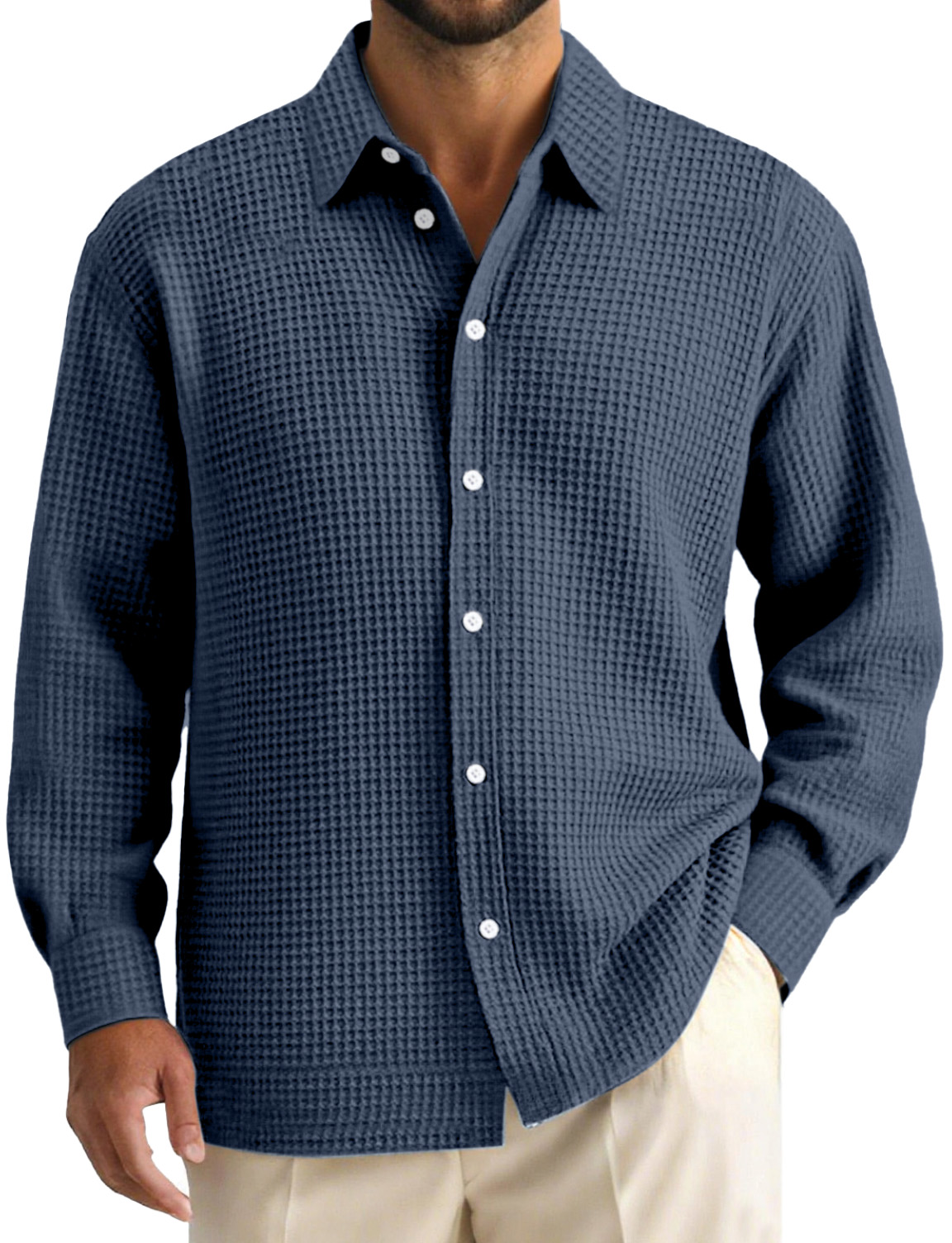 Men's Daily Casual Waffle Texture Solid Color Lapel Long-sleeved Shirt