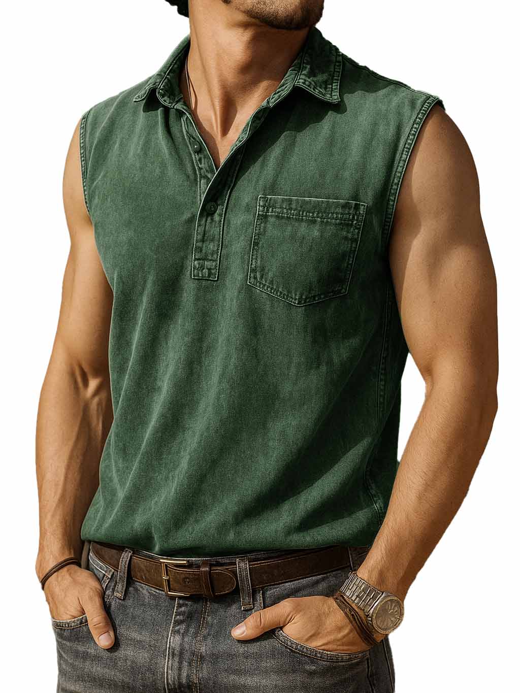 Men's Fashion Retro Distressed Pocket Lapel Sleeveless Polo Shirt 
