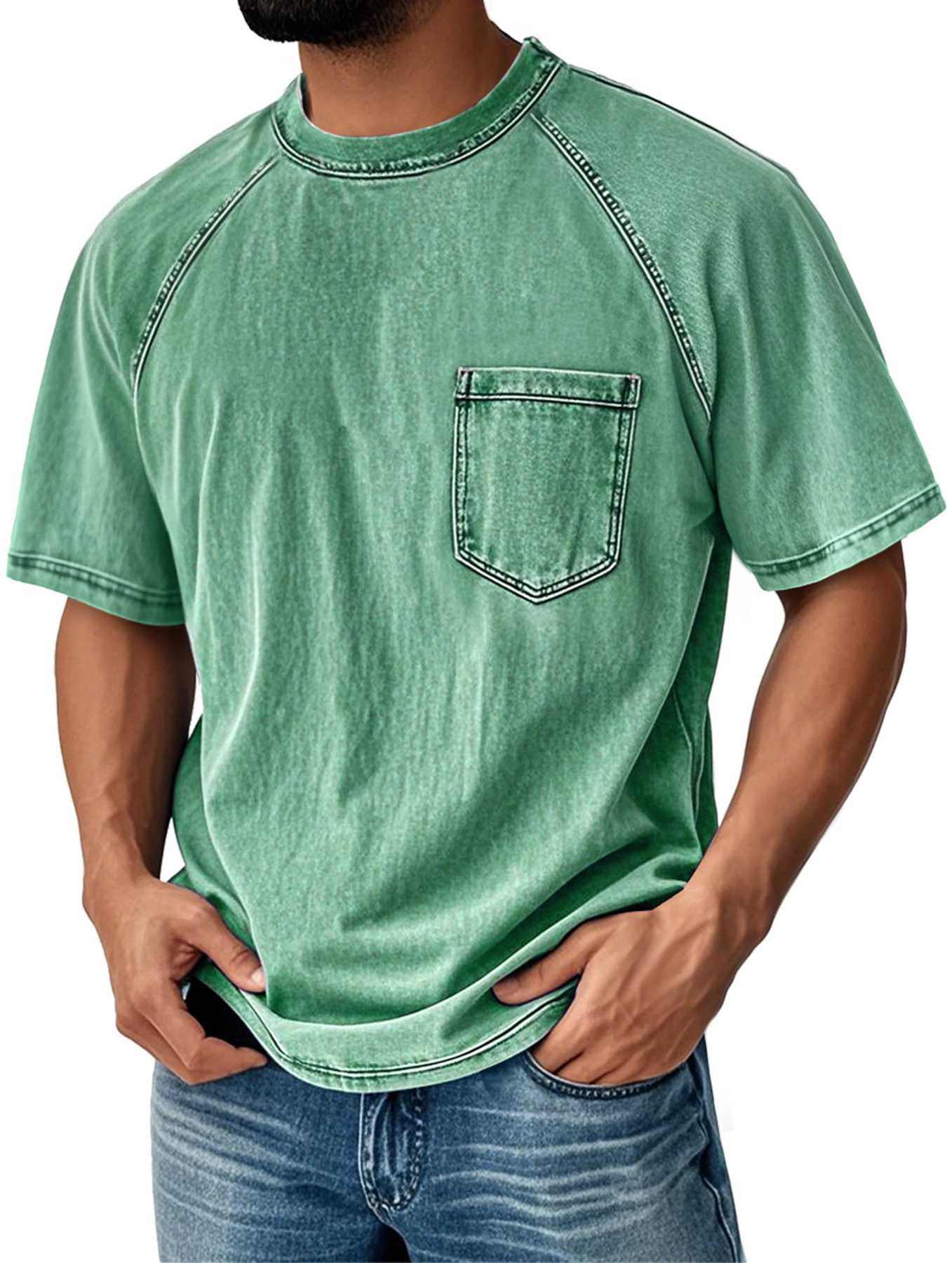 Men's Retro Round Neck Raglan Sleeve Casual Pocket Short Sleeve T-Shirt