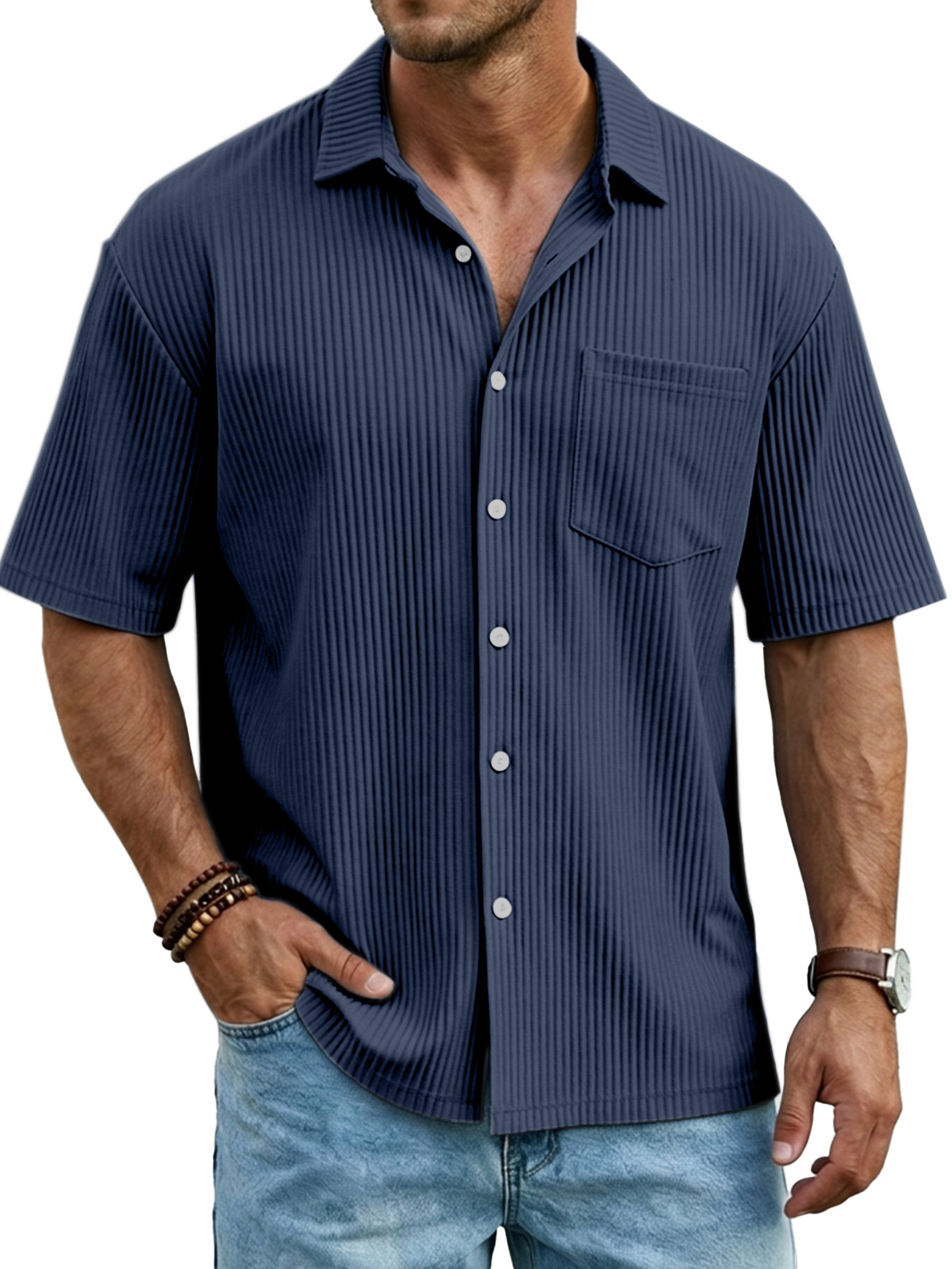Men's Simple Solid Color Vertical Pit Short-sleeved Shirt With Chest Pocket