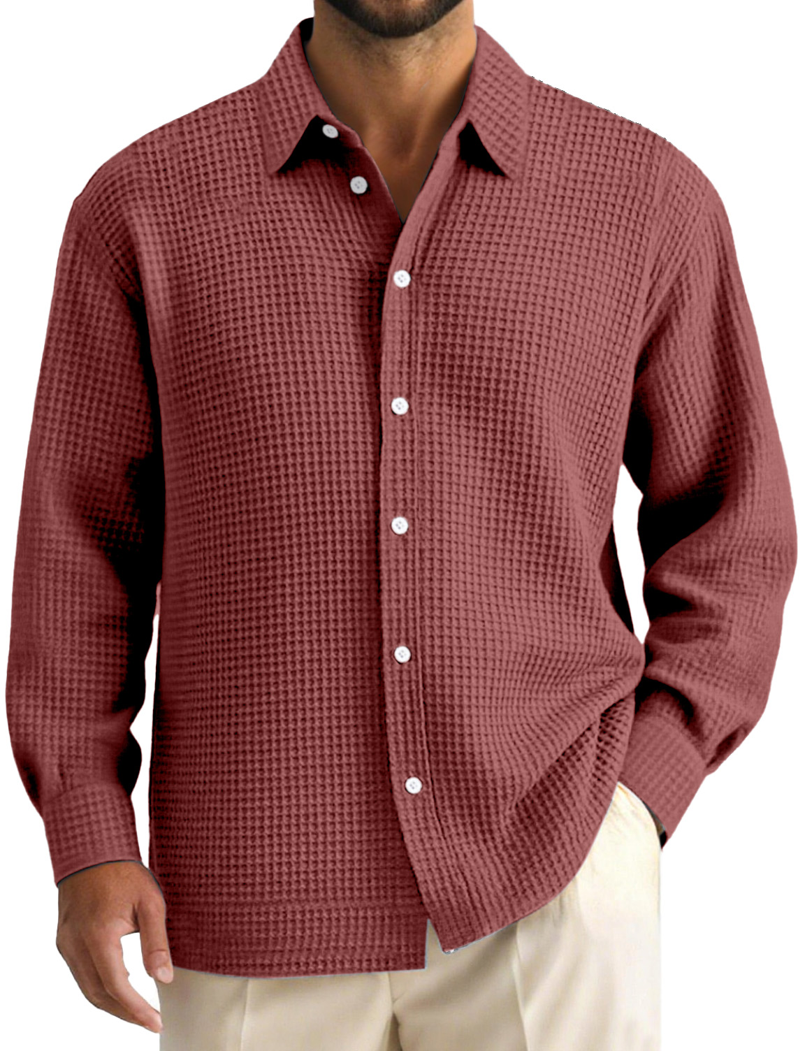 Men's Daily Casual Waffle Texture Solid Color Lapel Long-sleeved Shirt