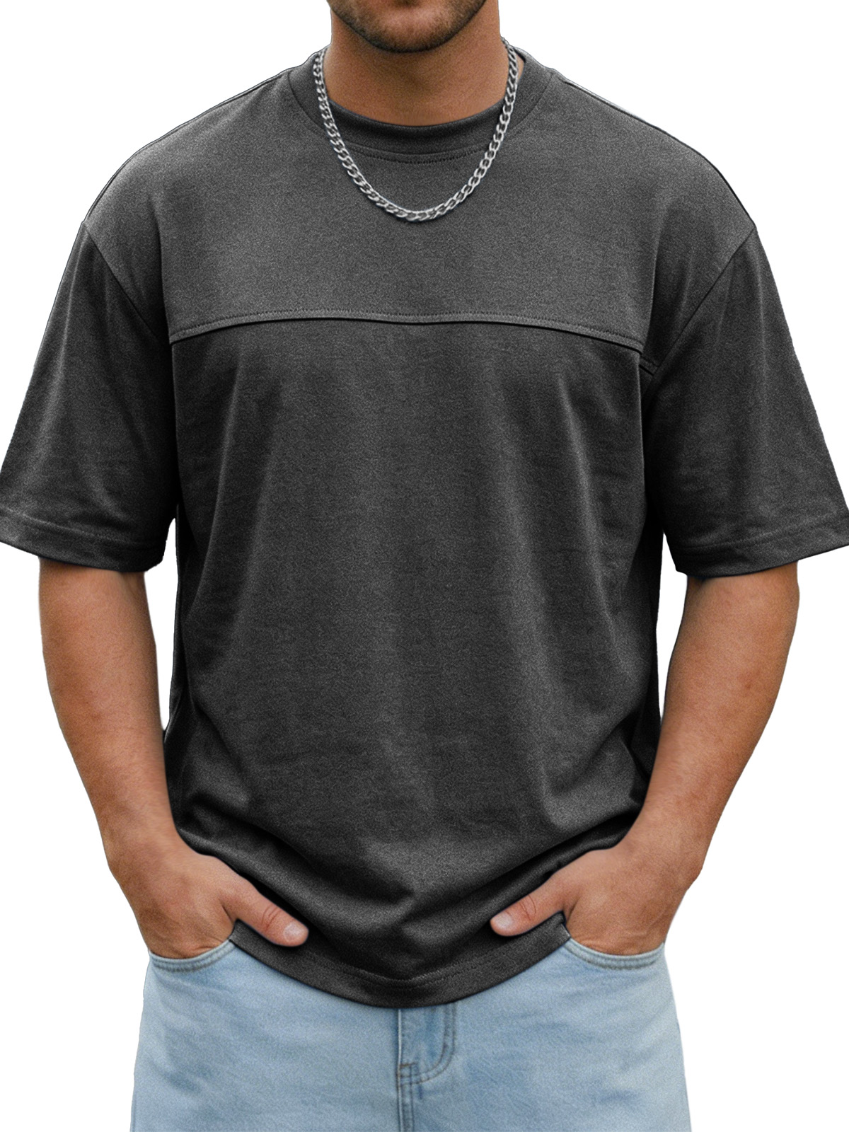 Men's Simple Everyday Solid Color Deconstructed Design Short-sleeved Round Neck Shirt