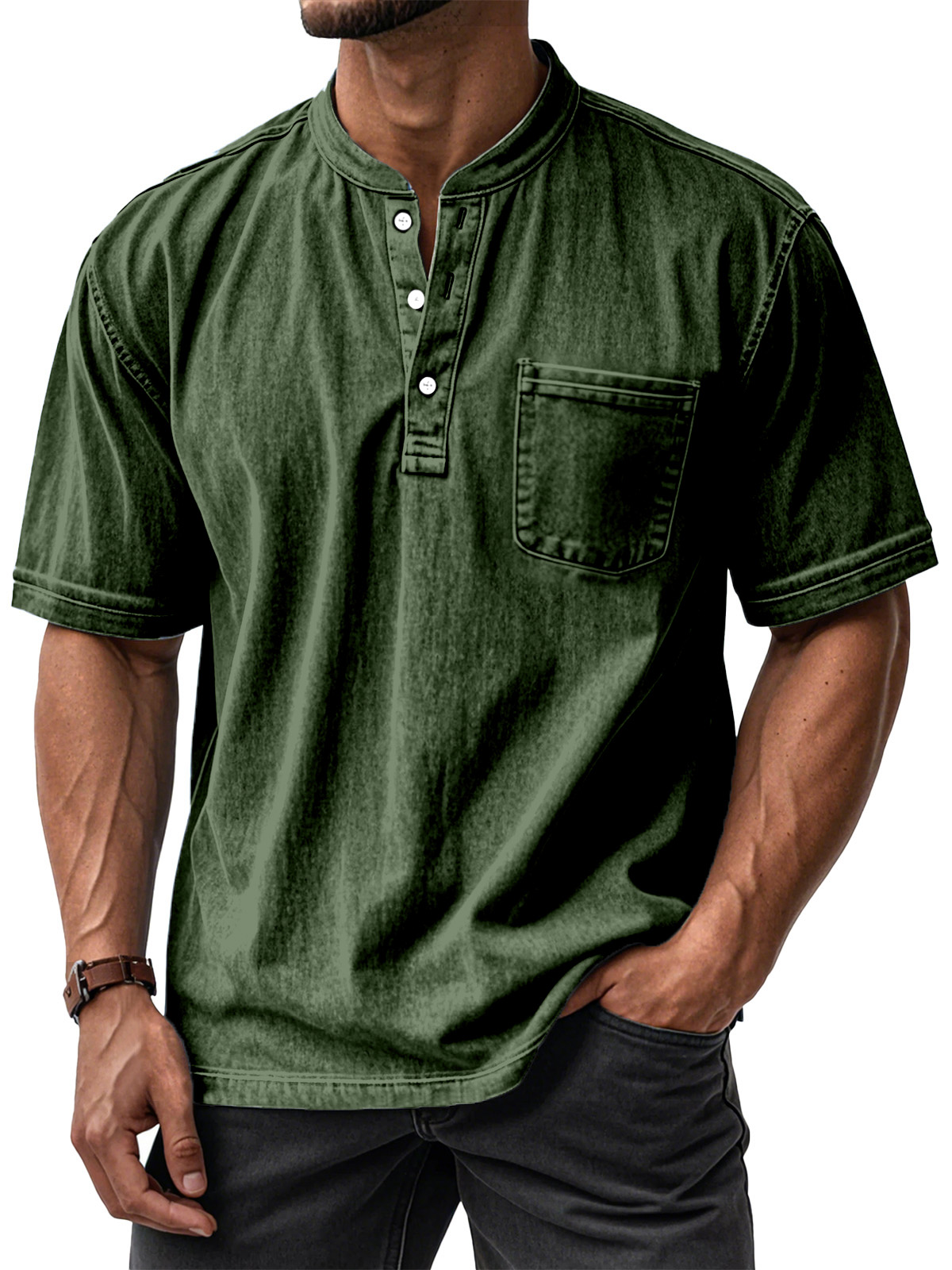 Men's Casual Solid Color Vintage Loose Pocket Short Sleeve Button-down Henley Shirt