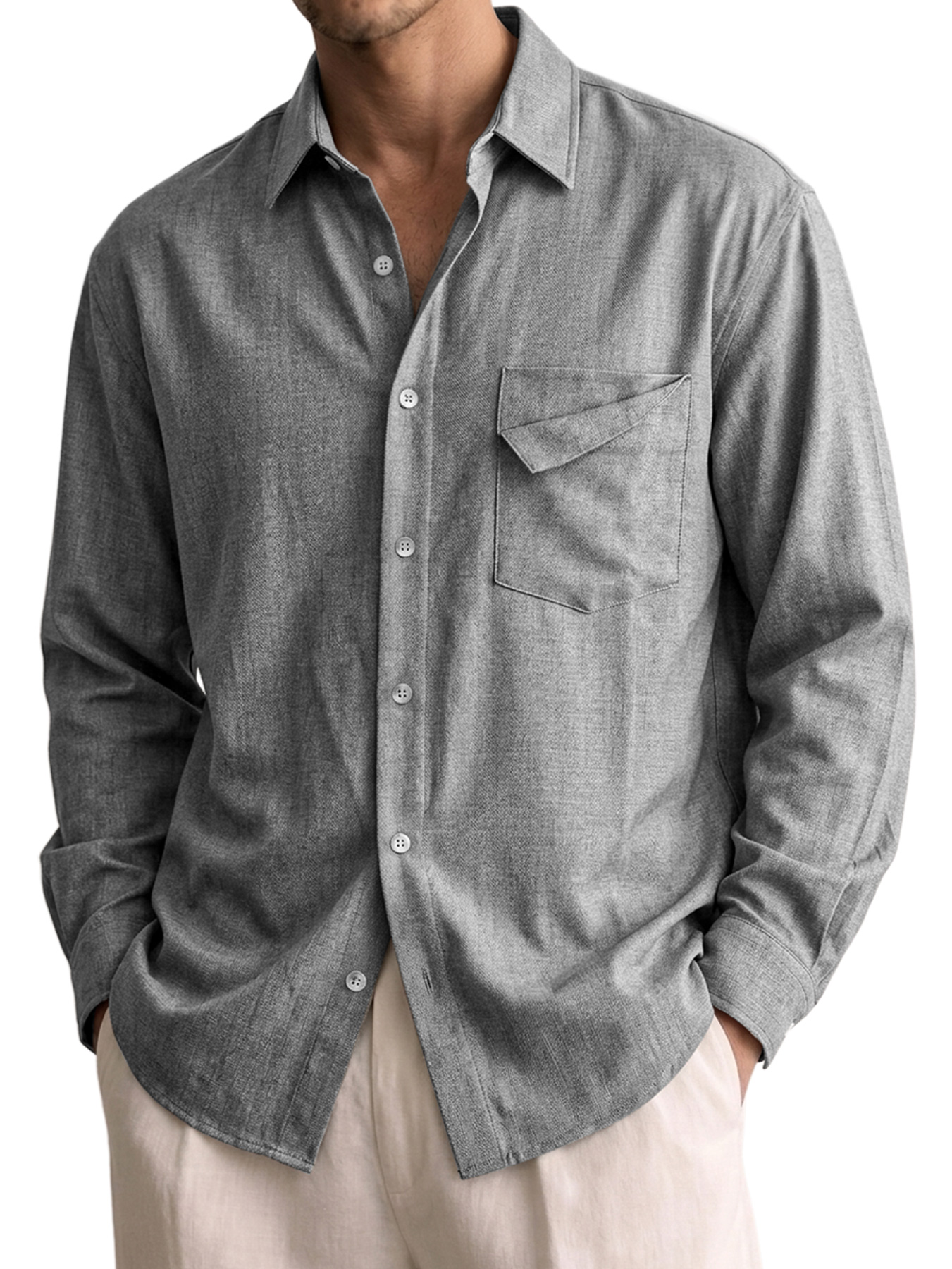 Men's Comfortable Long-Sleeve Cotton-Linen Shirt with Pocket Design