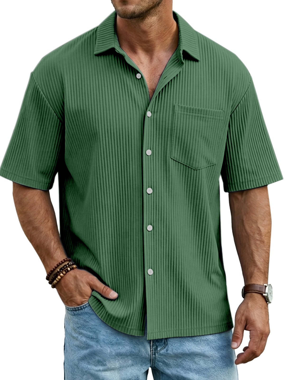 Men's Simple Solid Color Vertical Pit Short-sleeved Shirt With Chest Pocket