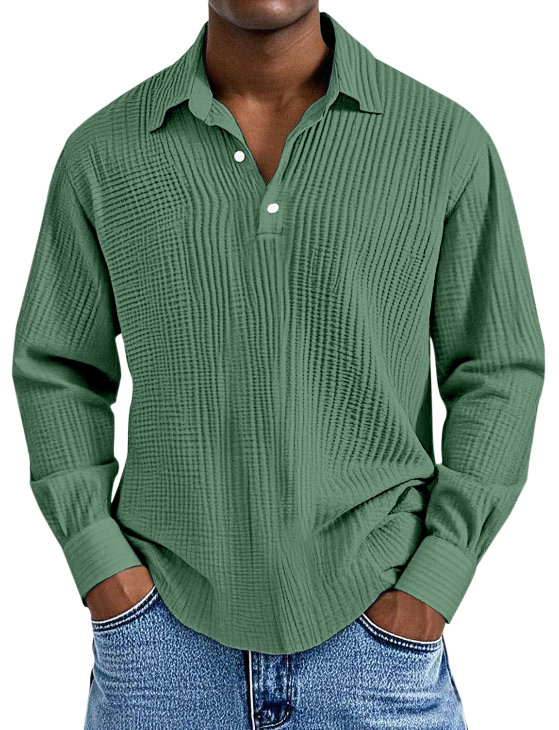 Men's Simple Solid Color Pleated Texture Long-sleeved Lapel Polo Shirt