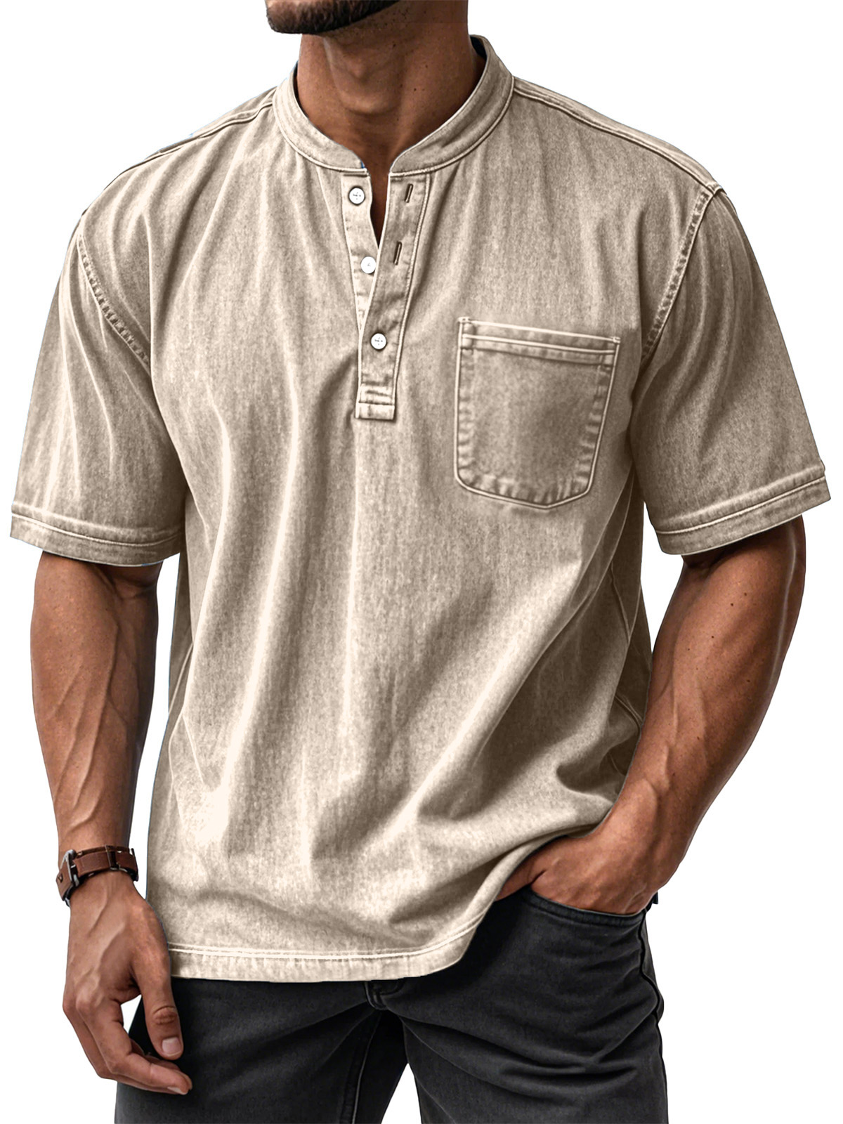 Men's Casual Solid Color Vintage Loose Pocket Short Sleeve Button-down Henley Shirt