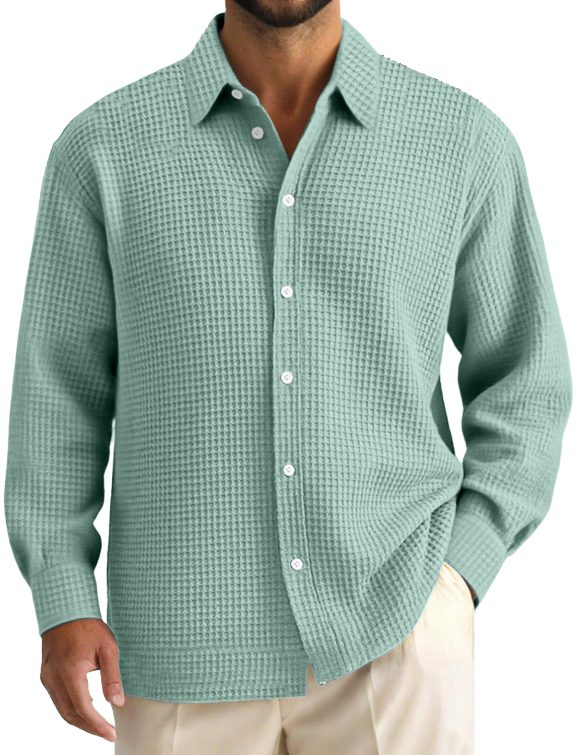 Men's Daily Casual Waffle Texture Solid Color Lapel Long-sleeved Shirt