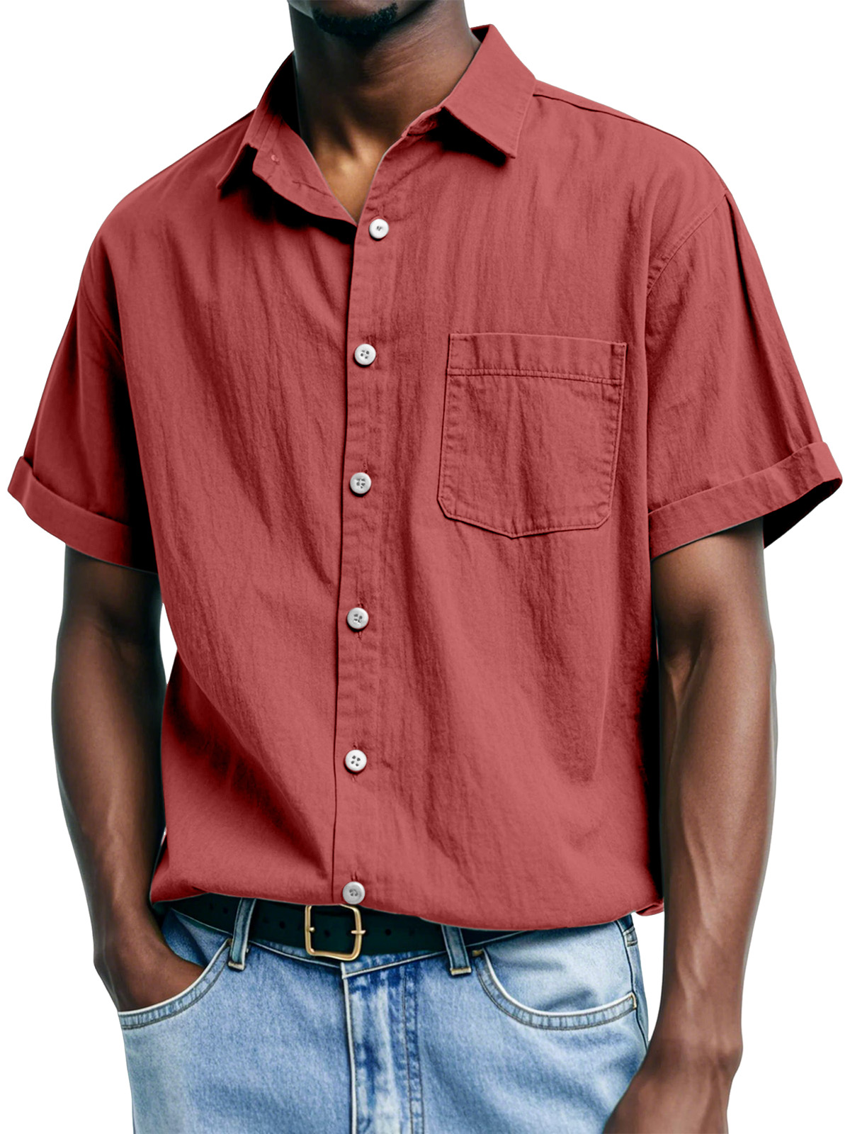 Men's Casual And Comfortable Solid Color Lapel Short-sleeved Shirt