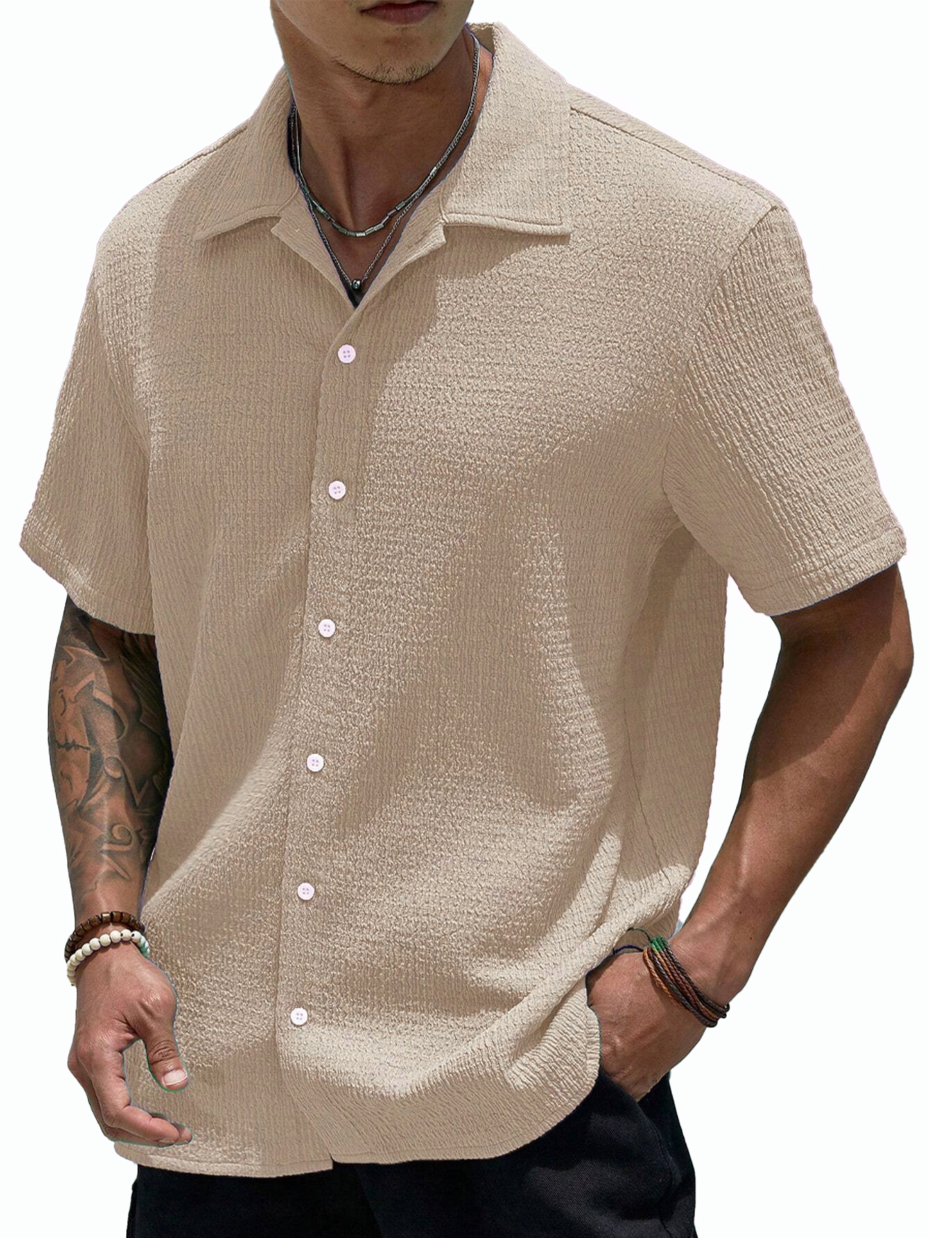 Stylish Men's Pleated Casual Lapel Short Sleeve Shirt