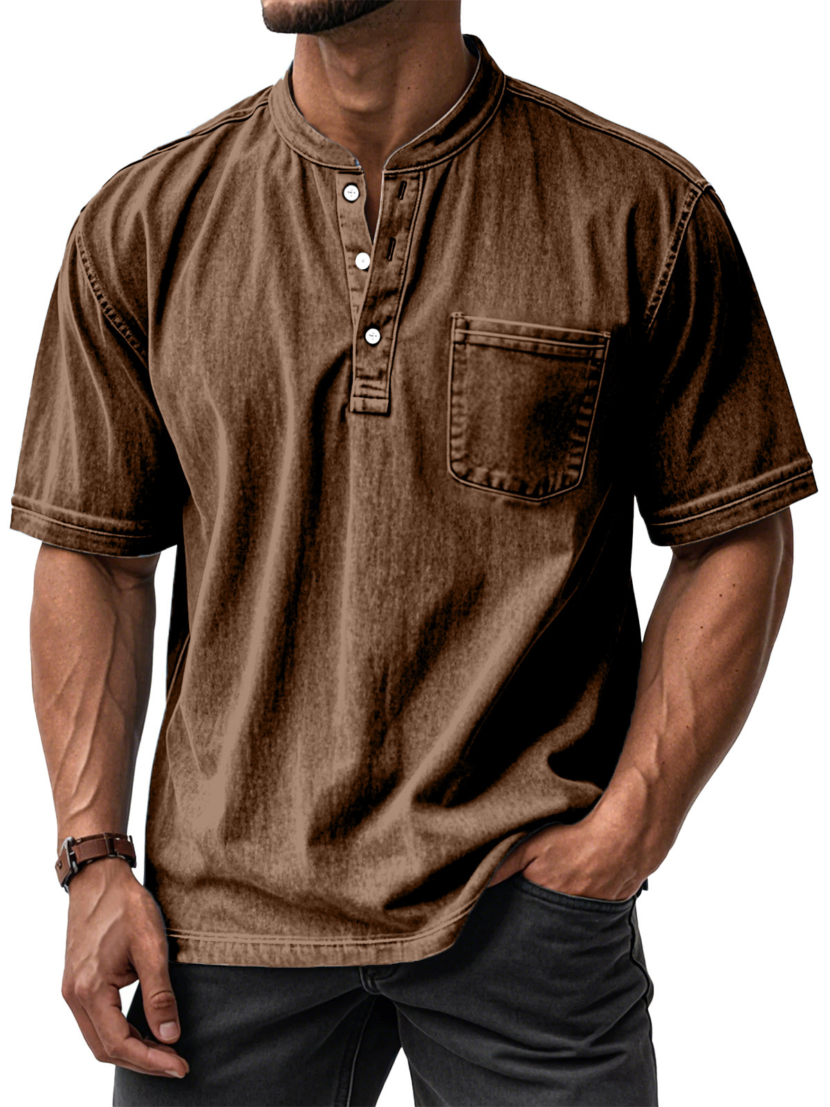 Men's Casual Solid Color Vintage Loose Pocket Short Sleeve Button-down Henley Shirt