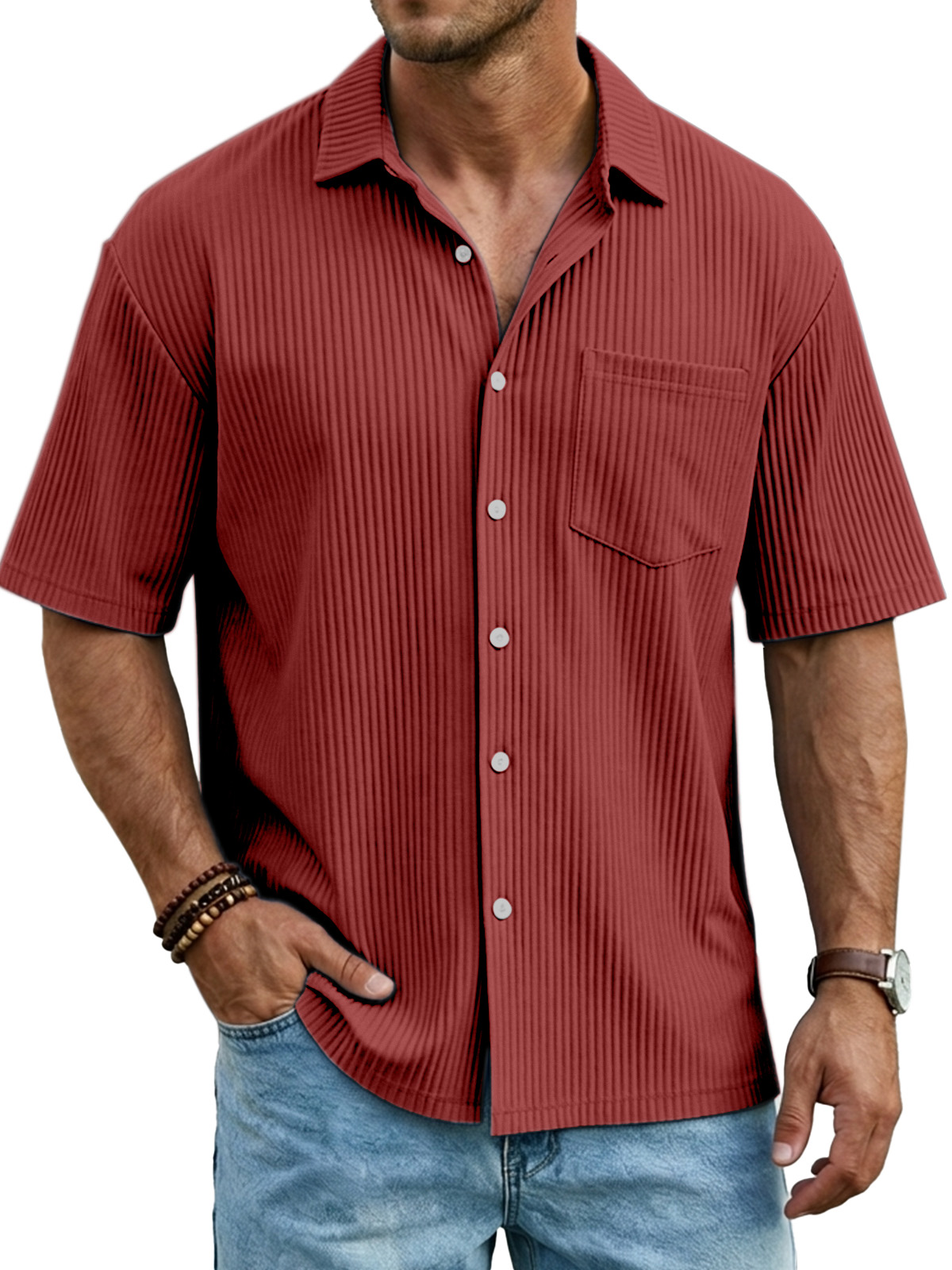 Men's Simple Solid Color Vertical Pit Short-sleeved Shirt With Chest Pocket