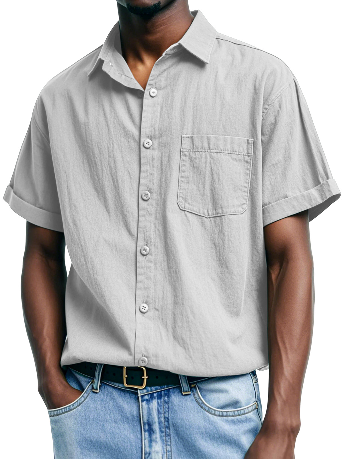 Men's Casual And Comfortable Solid Color Lapel Short-sleeved Shirt