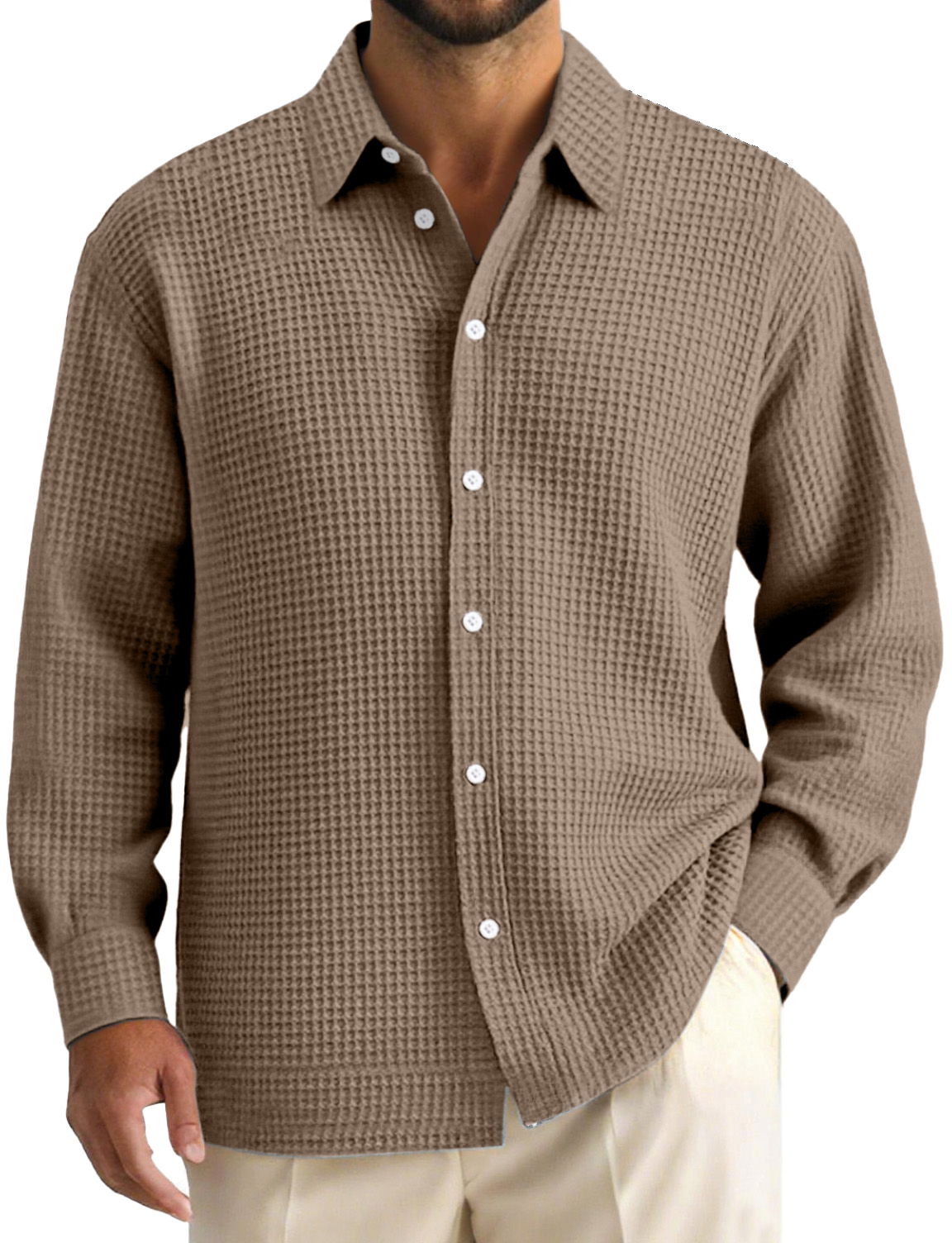 Men's Daily Casual Waffle Texture Solid Color Lapel Long-sleeved Shirt