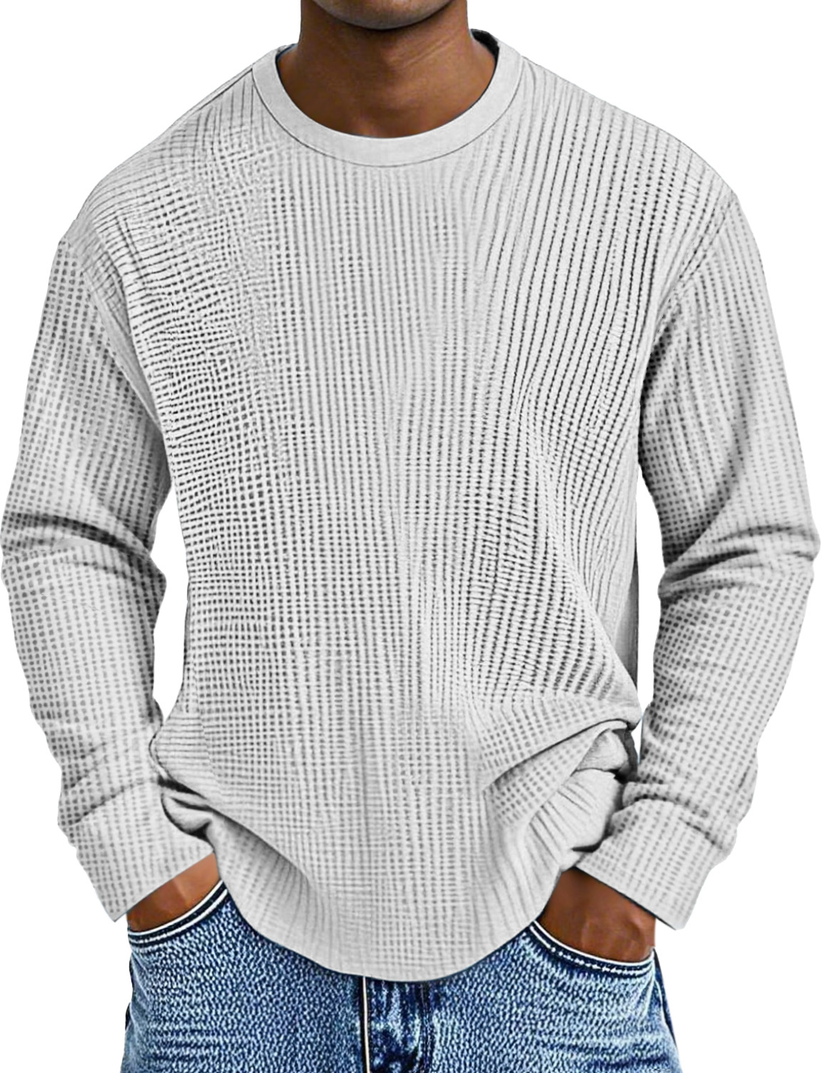 Men's Simple Daily Solid Color Waffle Round Neck Long Sleeve T-shirt