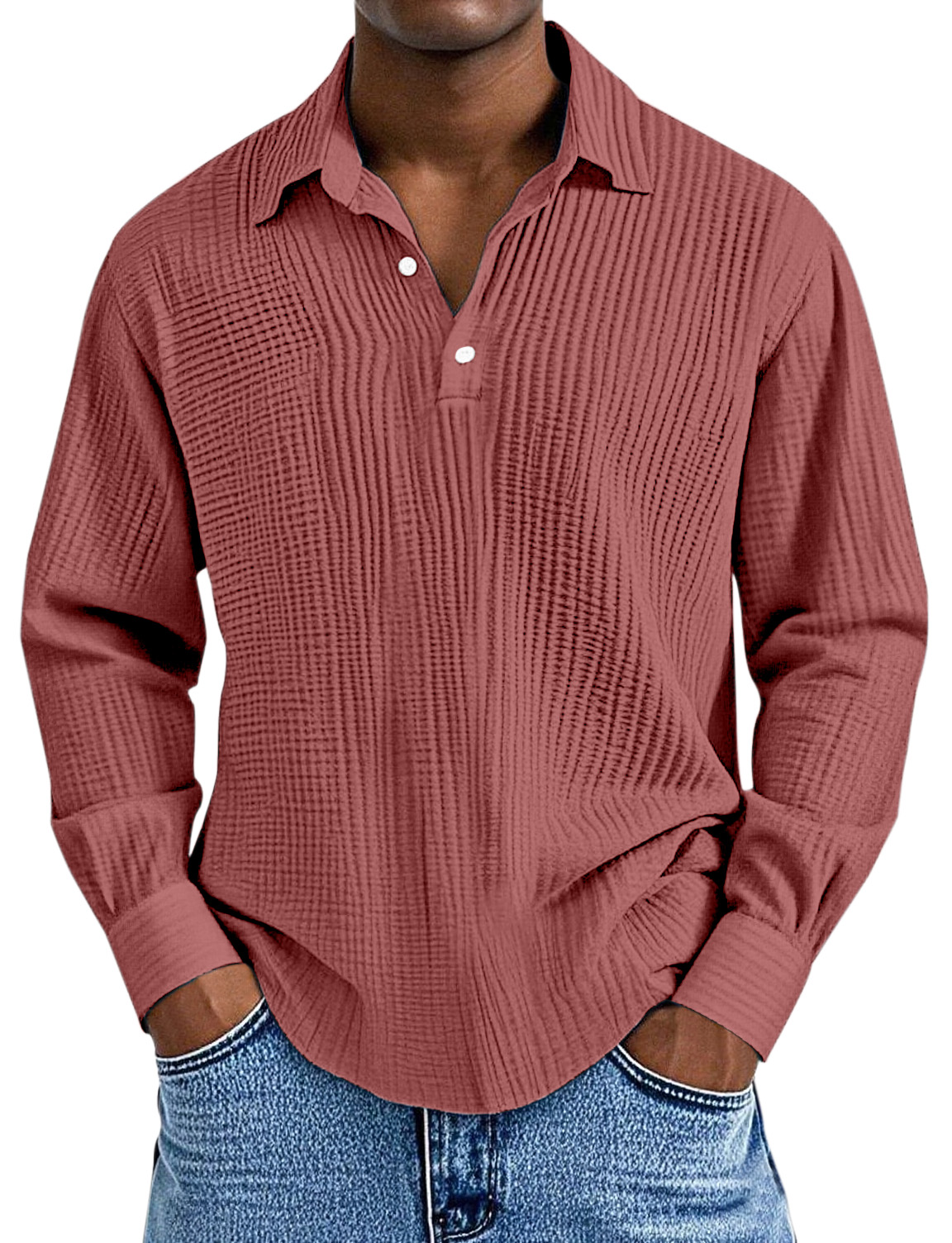 Men's Simple Solid Color Pleated Texture Long-sleeved Lapel Polo Shirt