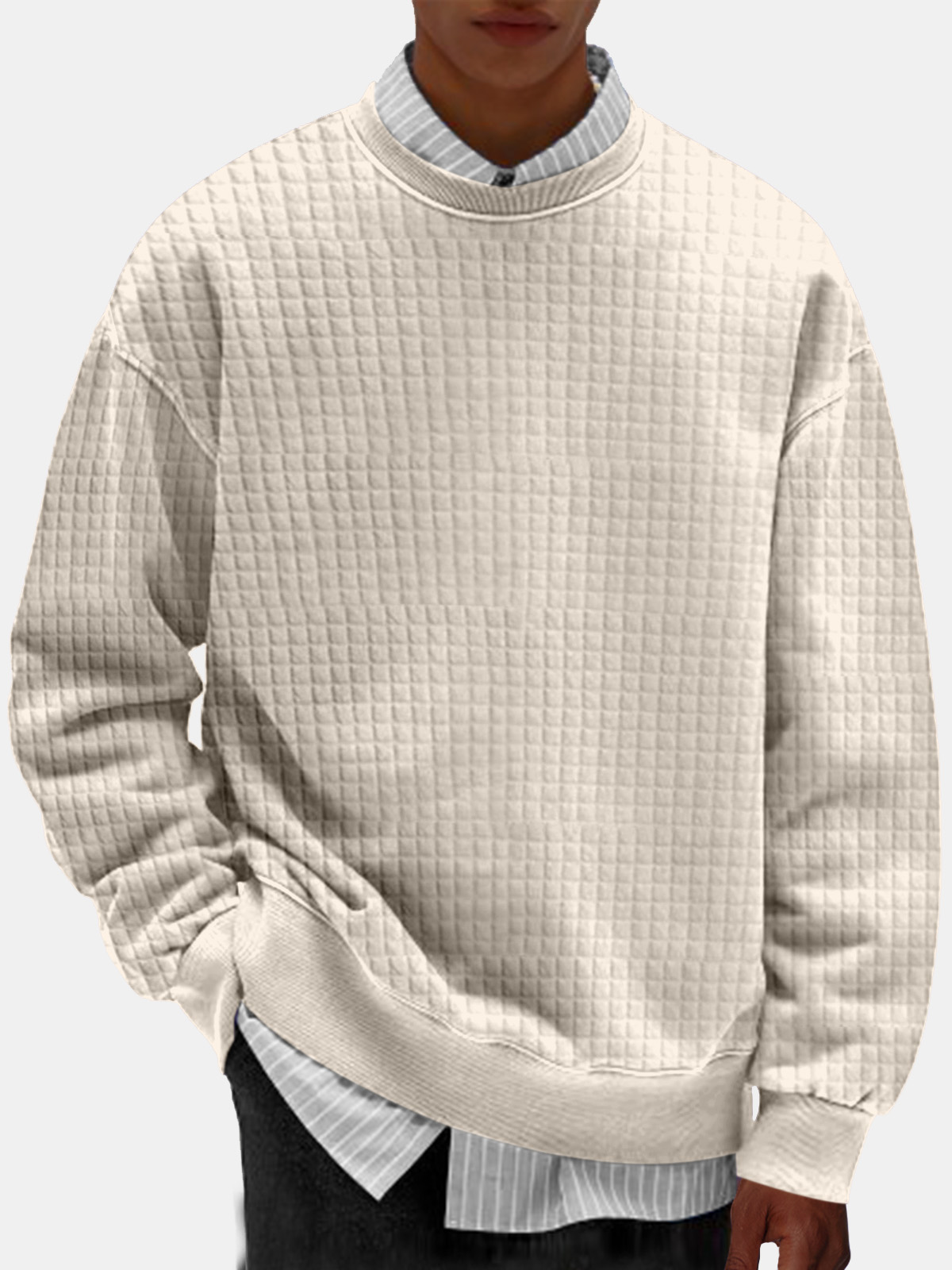 Men's Casual Simple Solid Color Small Square Comfortable Long-sleeved Round Neck Sweatshirt