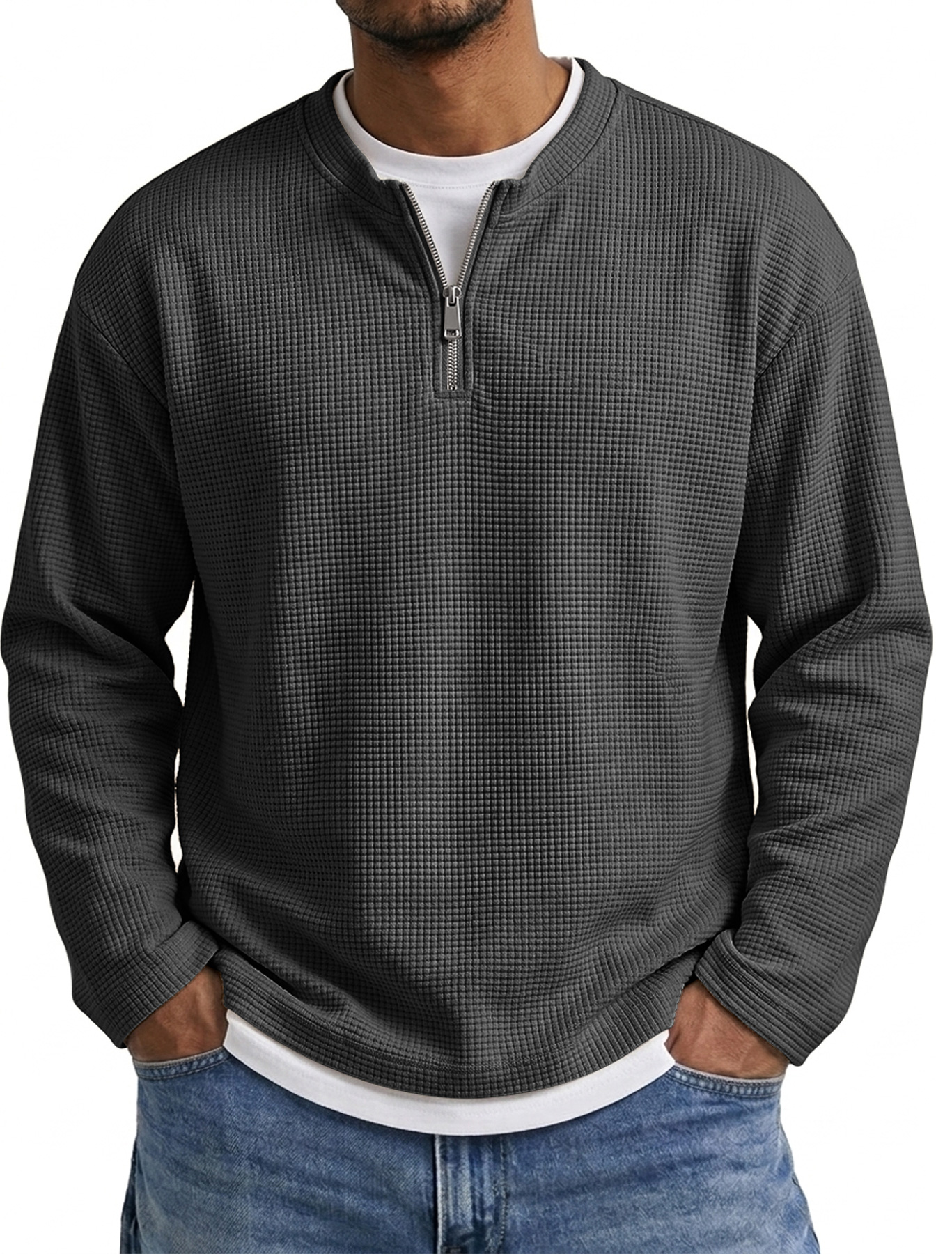 Men's Waffle-Knit Long-Sleeve Casual T-Shirt with Faux-Layered Design, Crew Neck, and Zipper Detail