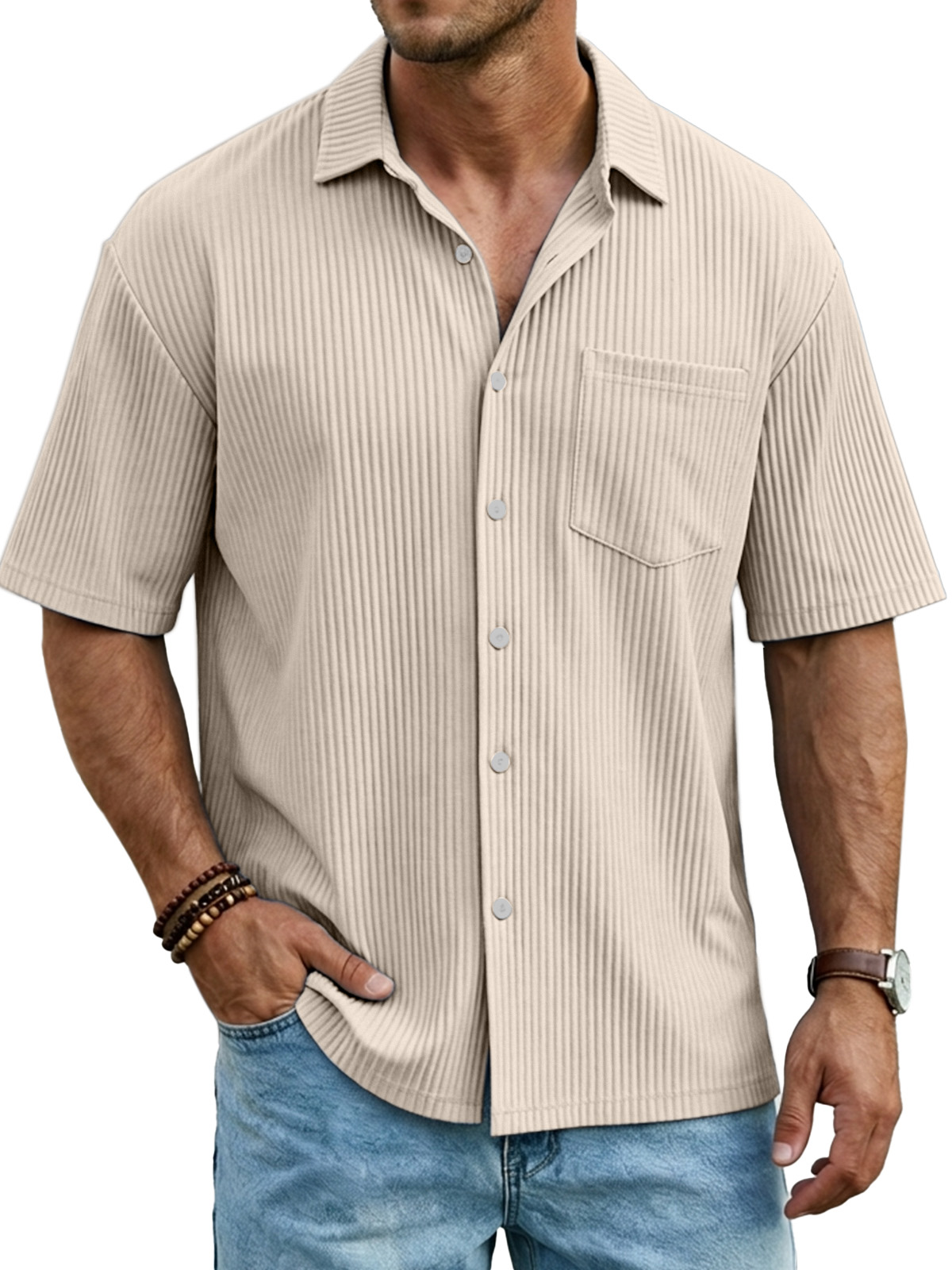 Men's Simple Solid Color Vertical Pit Short-sleeved Shirt With Chest Pocket