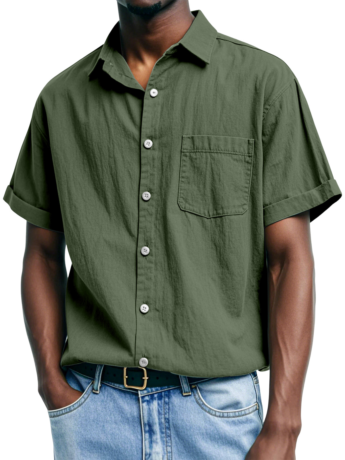 Men's Casual And Comfortable Solid Color Lapel Short-sleeved Shirt