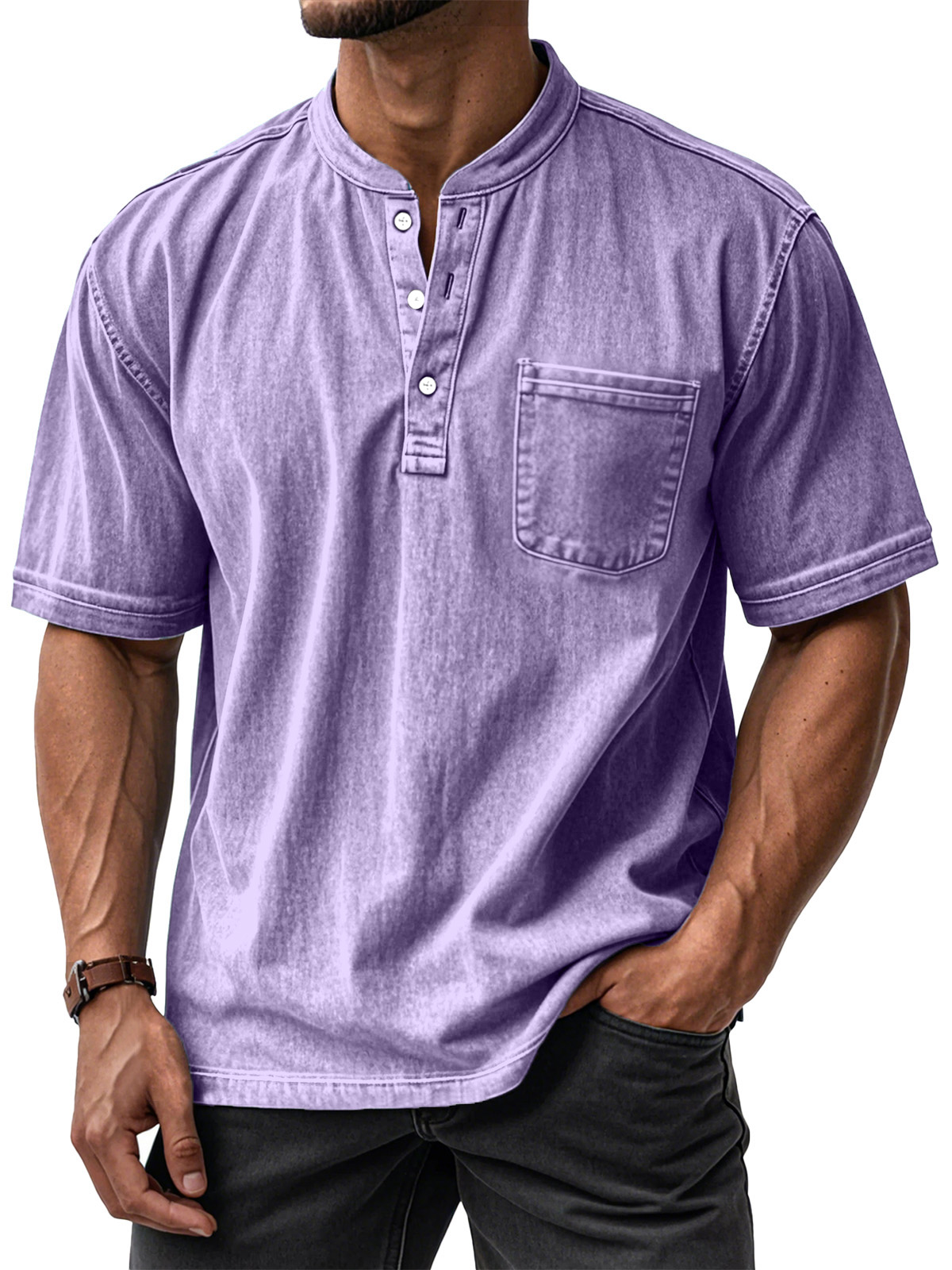 Men's Casual Solid Color Vintage Loose Pocket Short Sleeve Button-down Henley Shirt