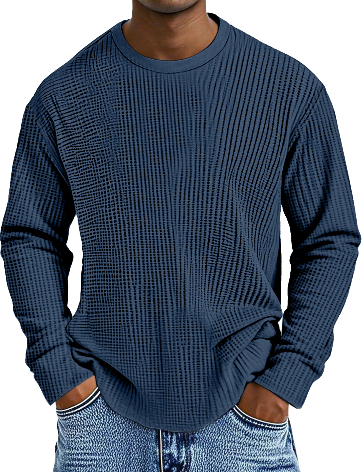 Men's Simple Daily Solid Color Waffle Round Neck Long Sleeve T-shirt