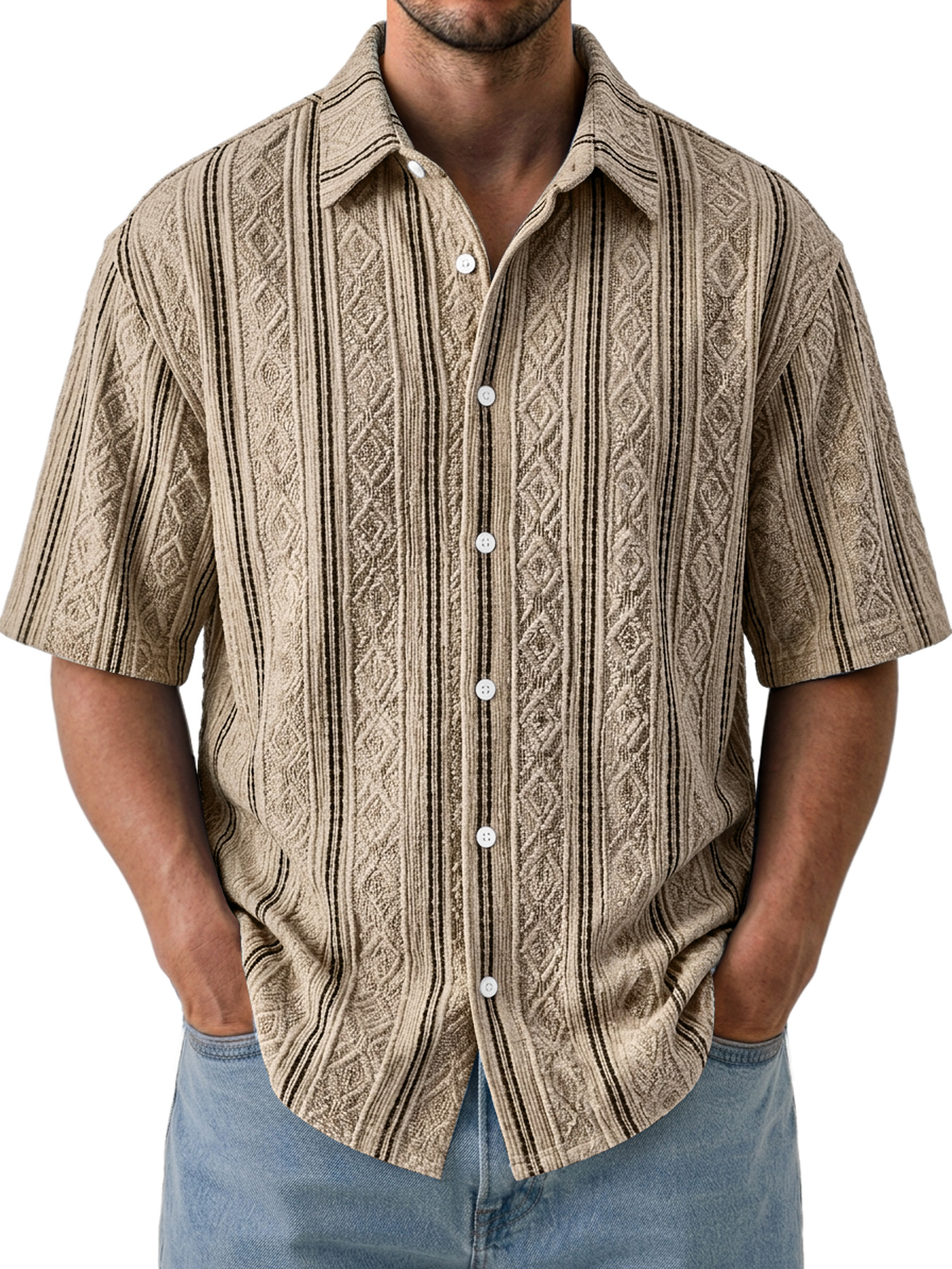 Men's Casual Textured Breathable Collared Short-Sleeve Shirt