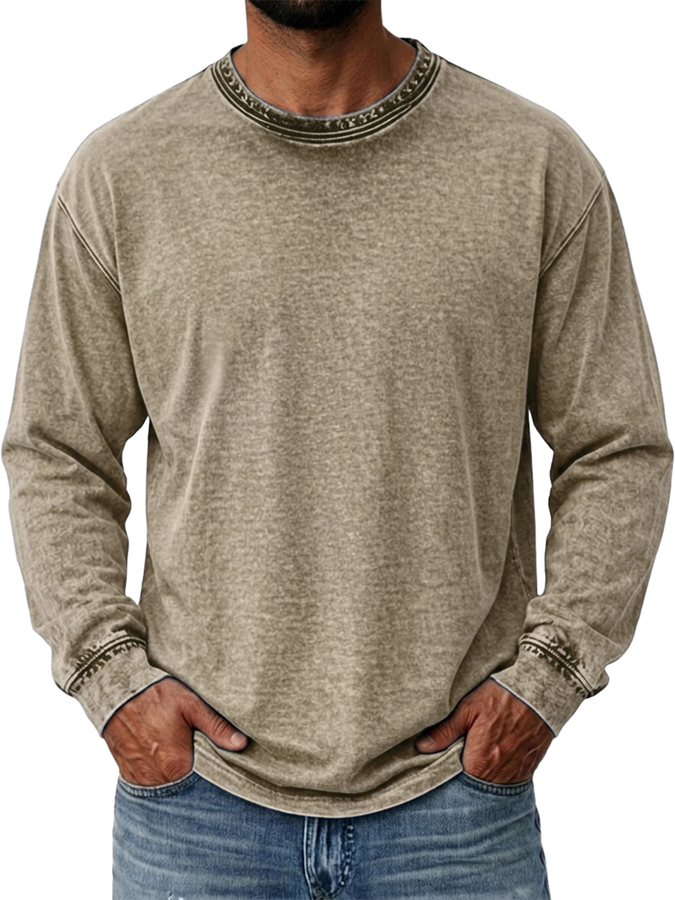 Men's Vintage-Style Distressed Crew-Neck Washed Casual Long-Sleeve T-Shirt