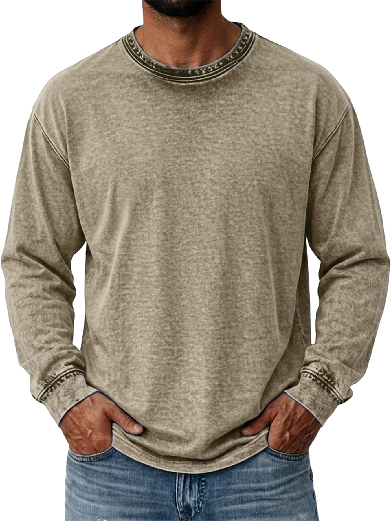Men's Vintage-Style Distressed Crew-Neck Washed Casual Long-Sleeve T-Shirt