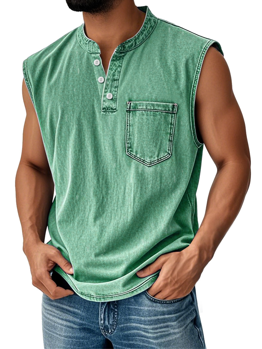 Men's Vintage Stand Collar Casual Pocket Solid Color Sleeveless Henley Vest