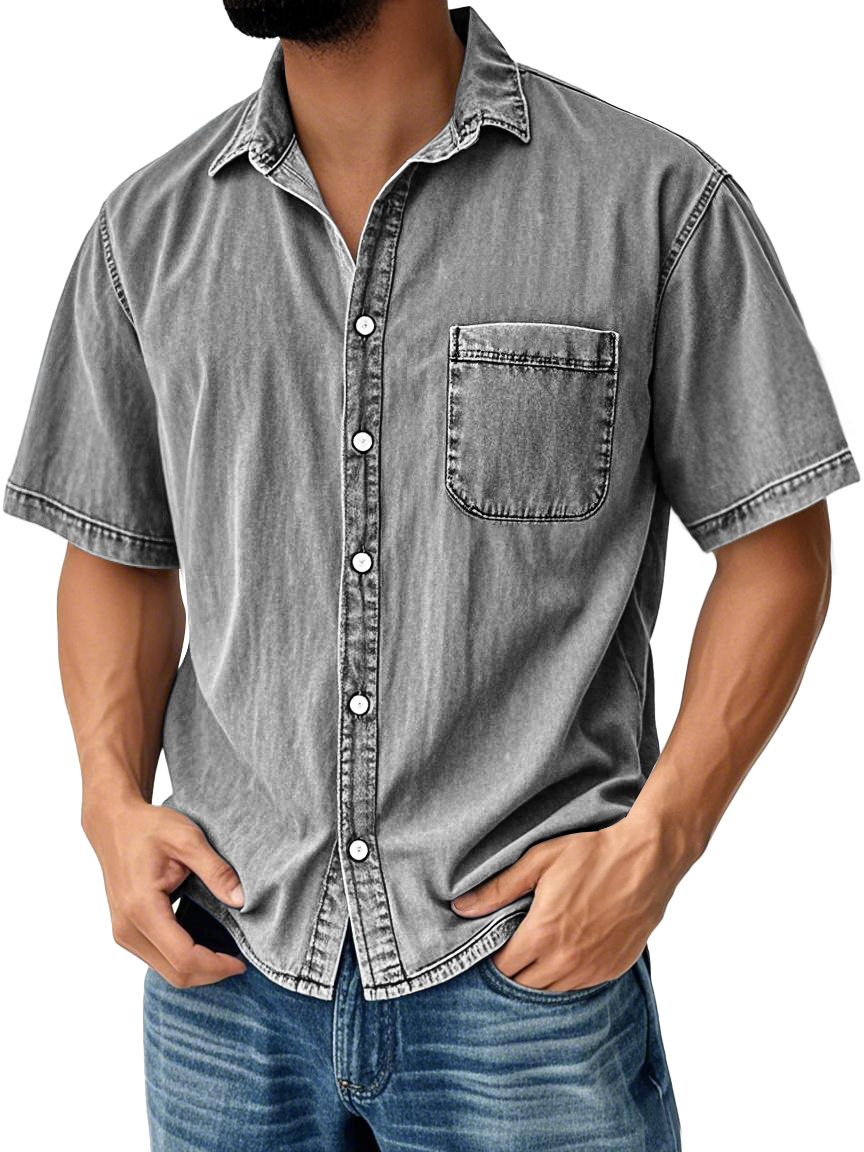 Men's Retro Casual Lapel Pocket Solid Color Short Sleeve Shirt