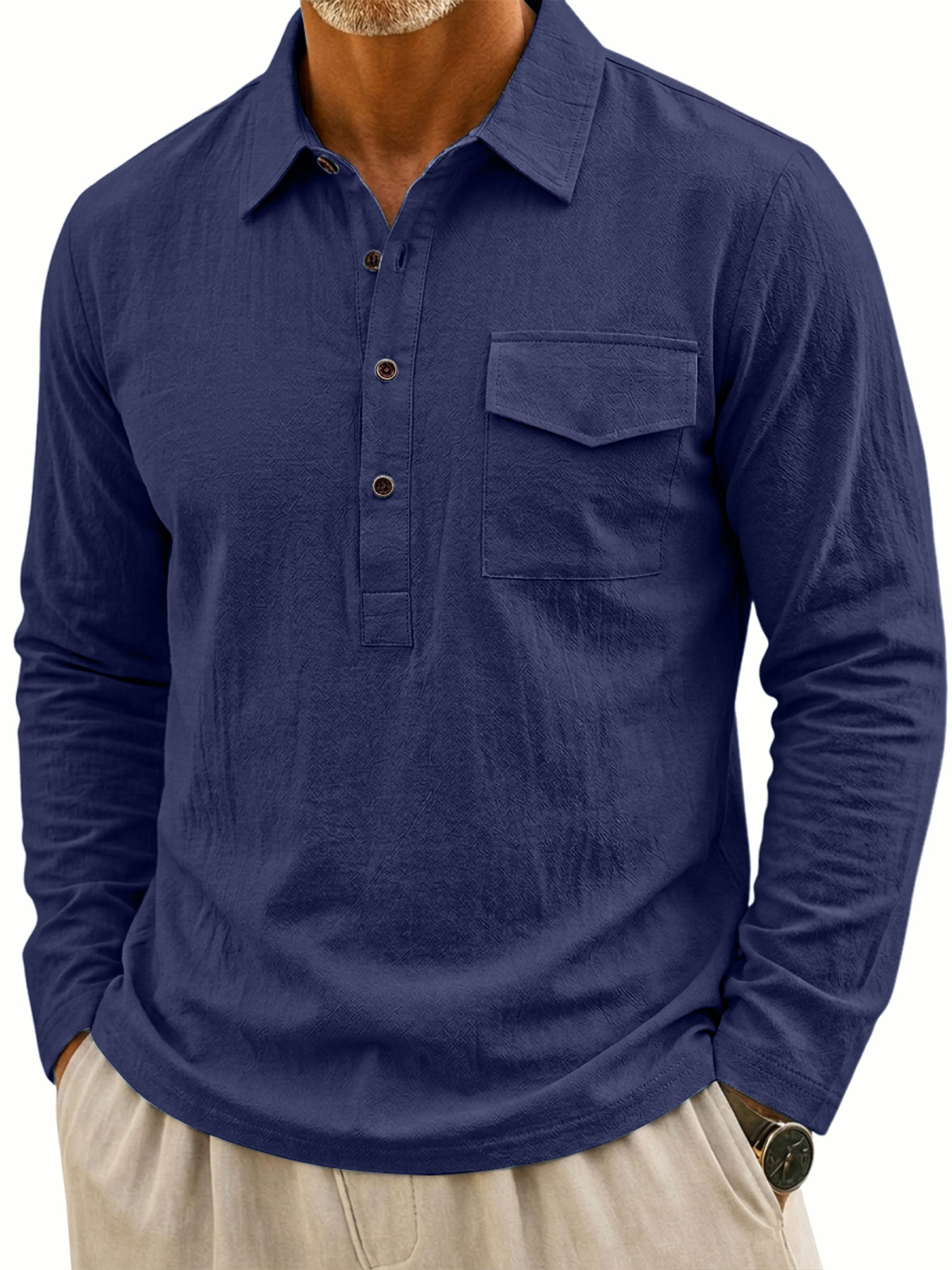 Men's Casual Long-Sleeve Linen Polo Shirt with Flap Pockets