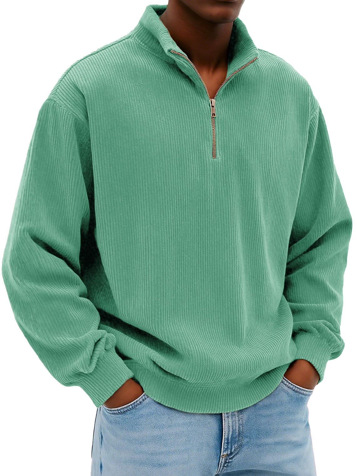 Men's Wear Fashionable Daily Casual Corduroy Pit Strip Fabric Long-sleeved Loose Stand-up Collar Sweater